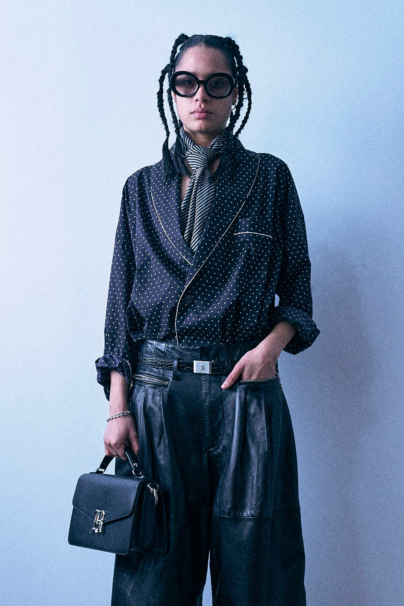 Shawl Lapel Shirt - Black And White Polka Dot