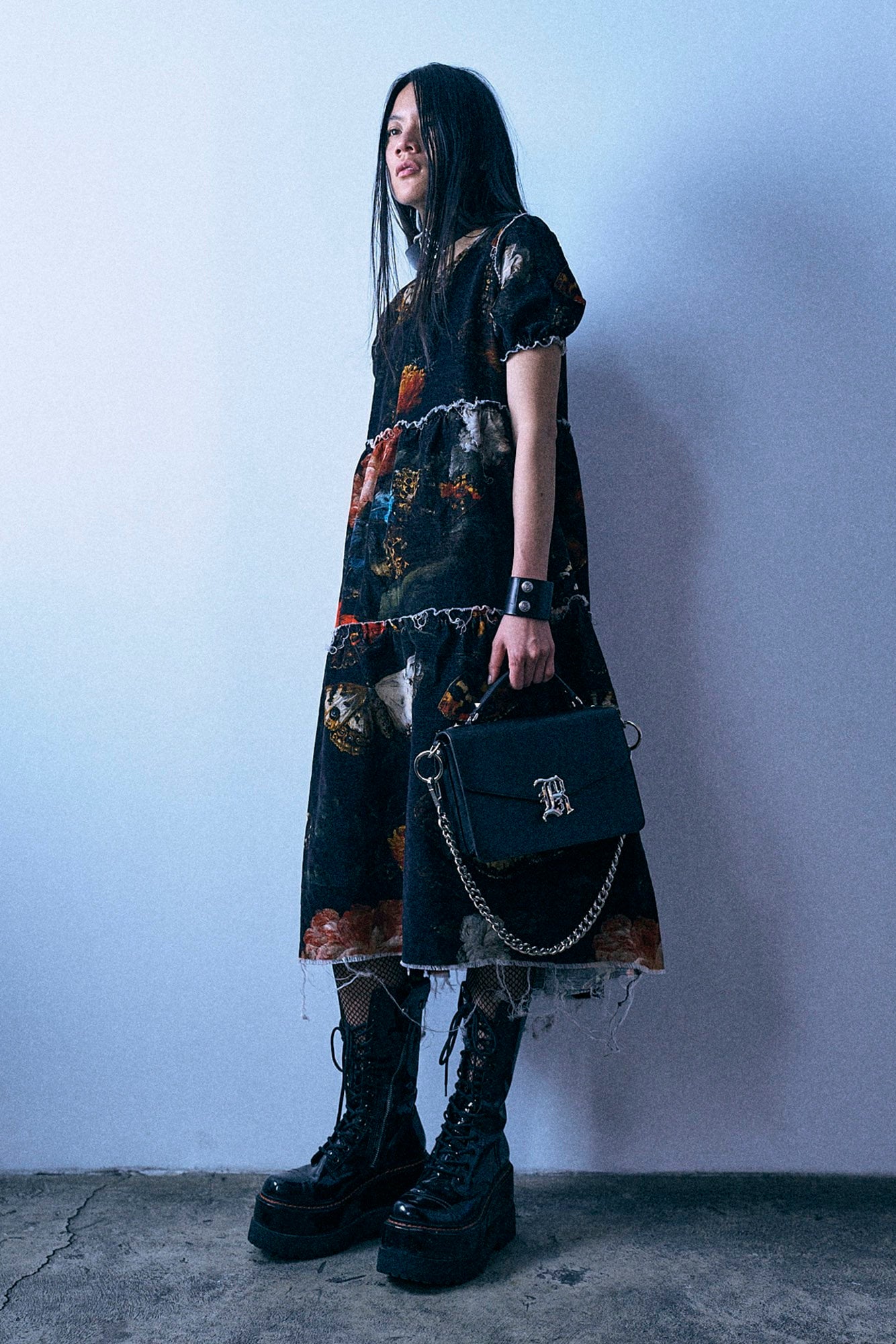 Shredded Relaxed Midi - Floral Butterfly On Black
