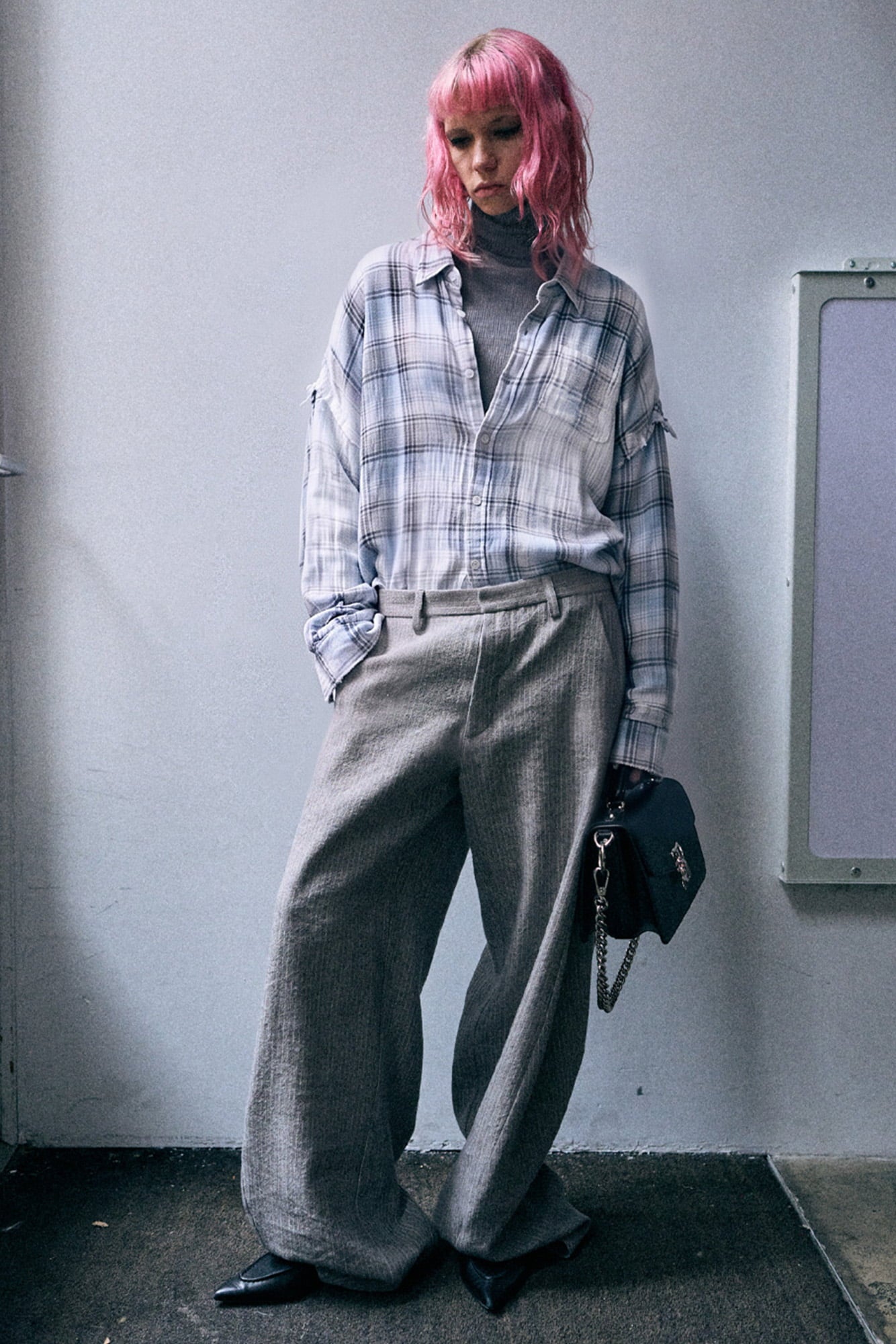 Shredded Seam Drop Neck Shirt - Blue Bleached Plaid - R13
