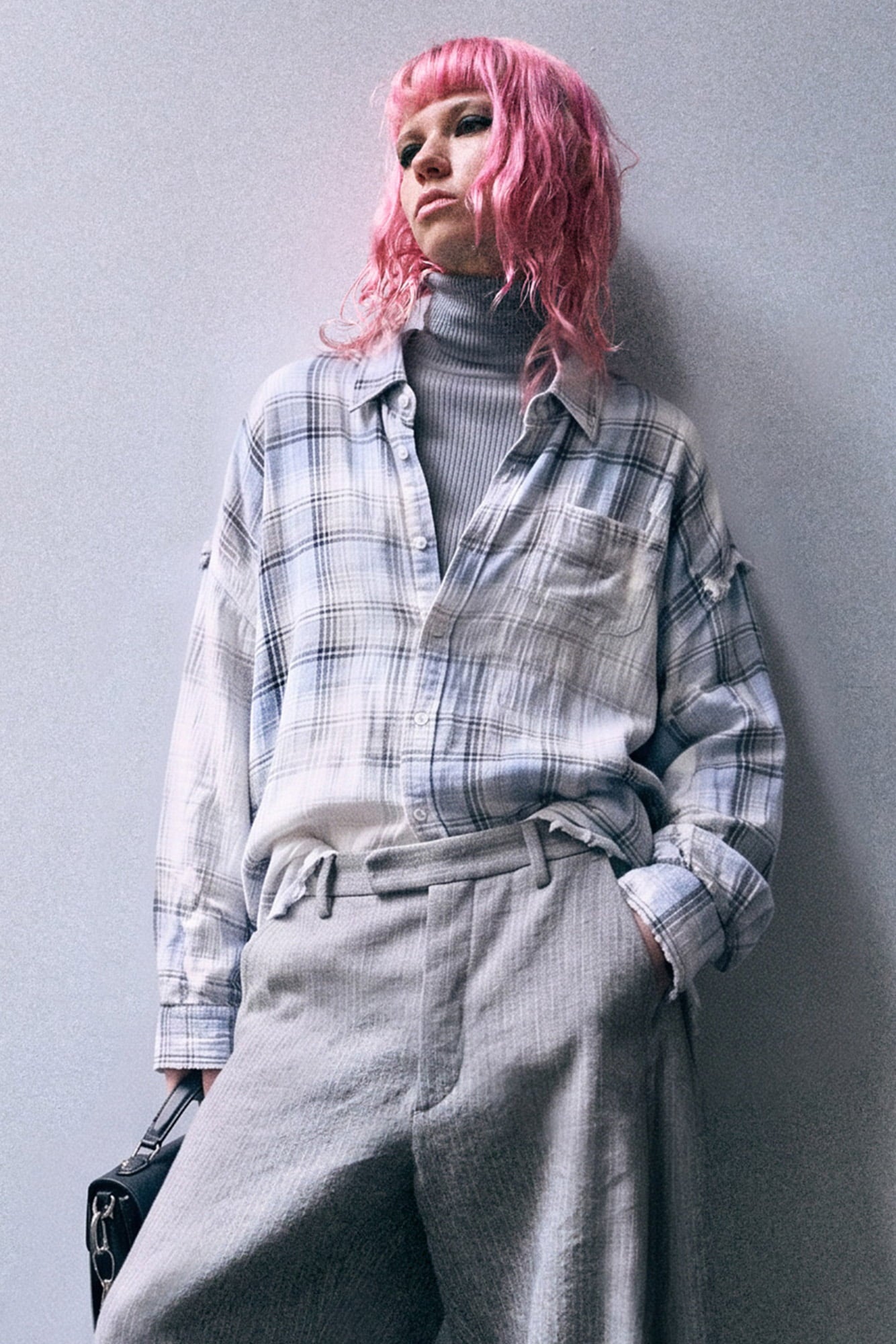 Shredded Seam Drop Neck Shirt - Blue Bleached Plaid - R13