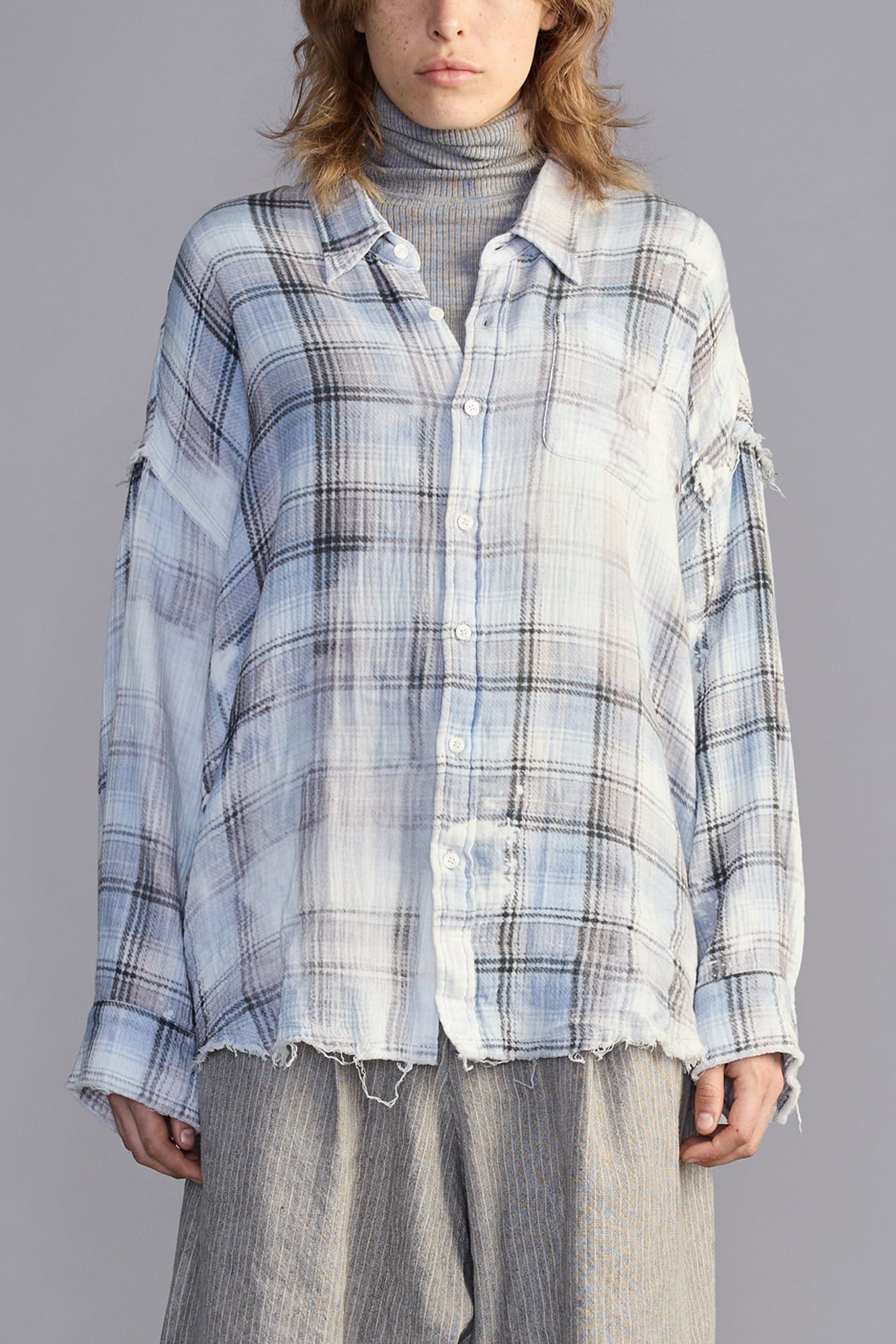 Shredded Seam Drop Neck Shirt - Blue Bleached Plaid - R13