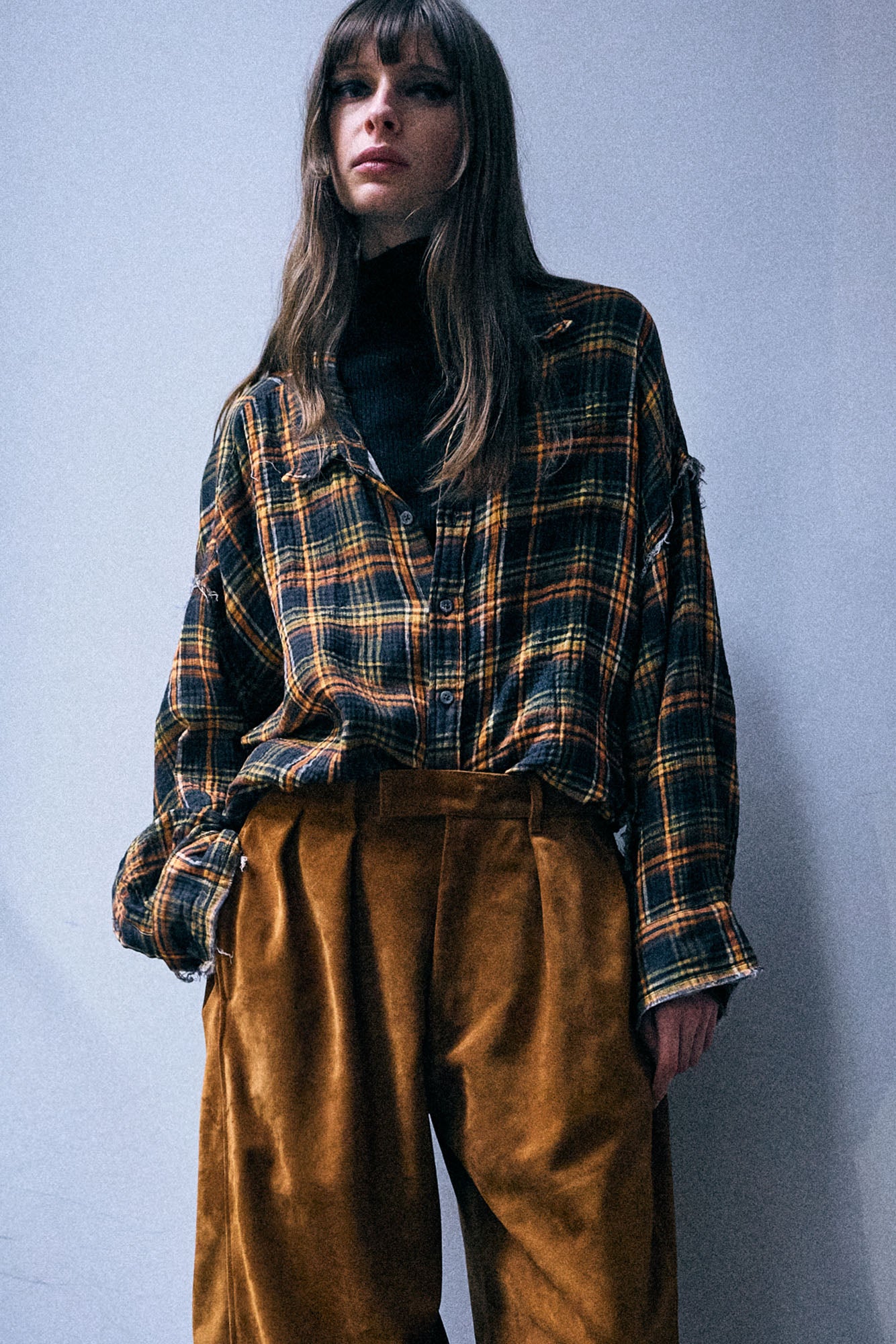 Shredded Seam Drop Neck Shirt - Brown Orange Plaid - R13