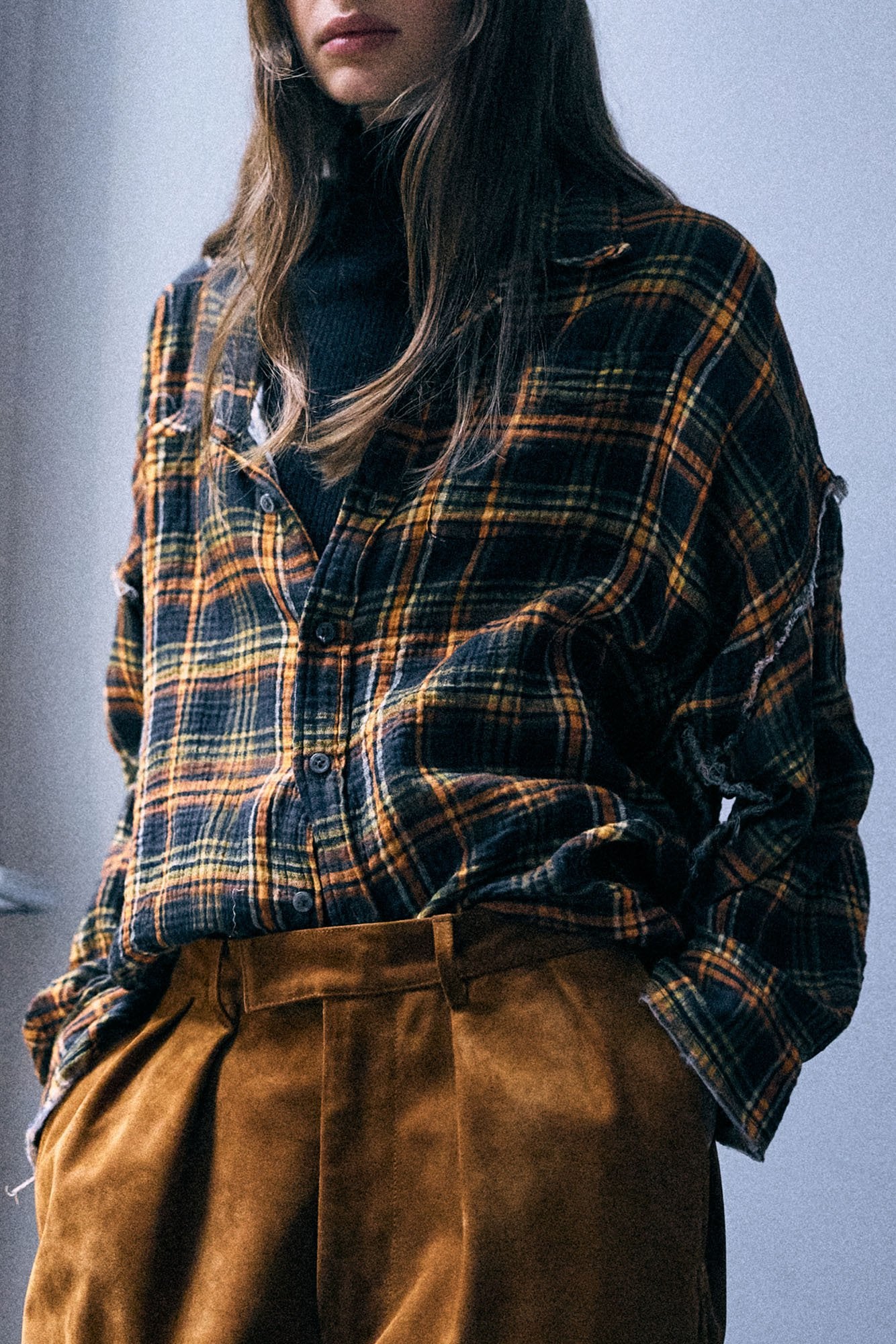 Shredded Seam Drop Neck Shirt - Brown Orange Plaid - R13