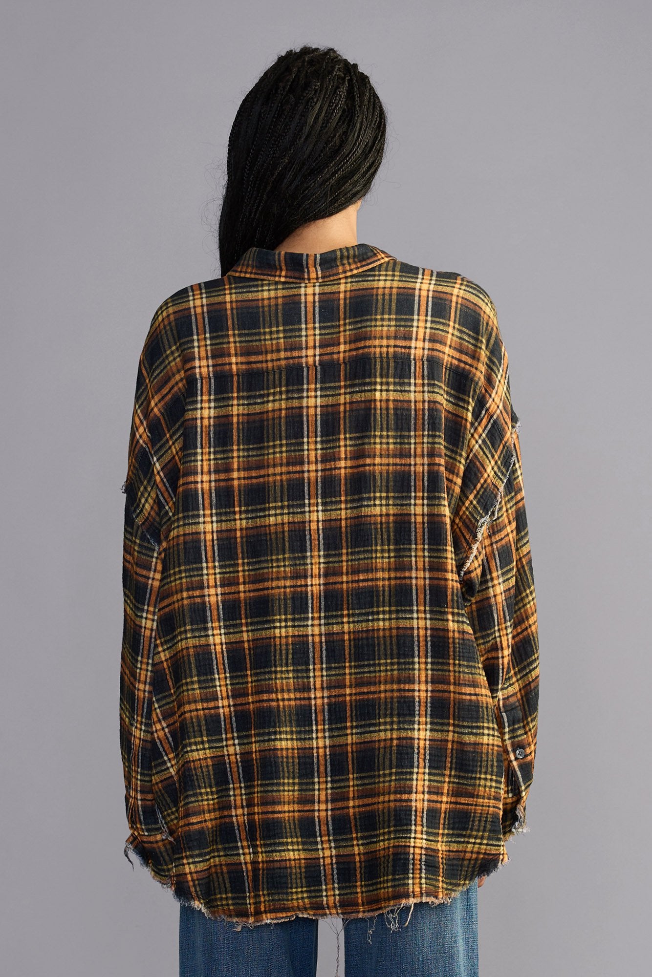 Shredded Seam Drop Neck Shirt - Brown Orange Plaid - R13