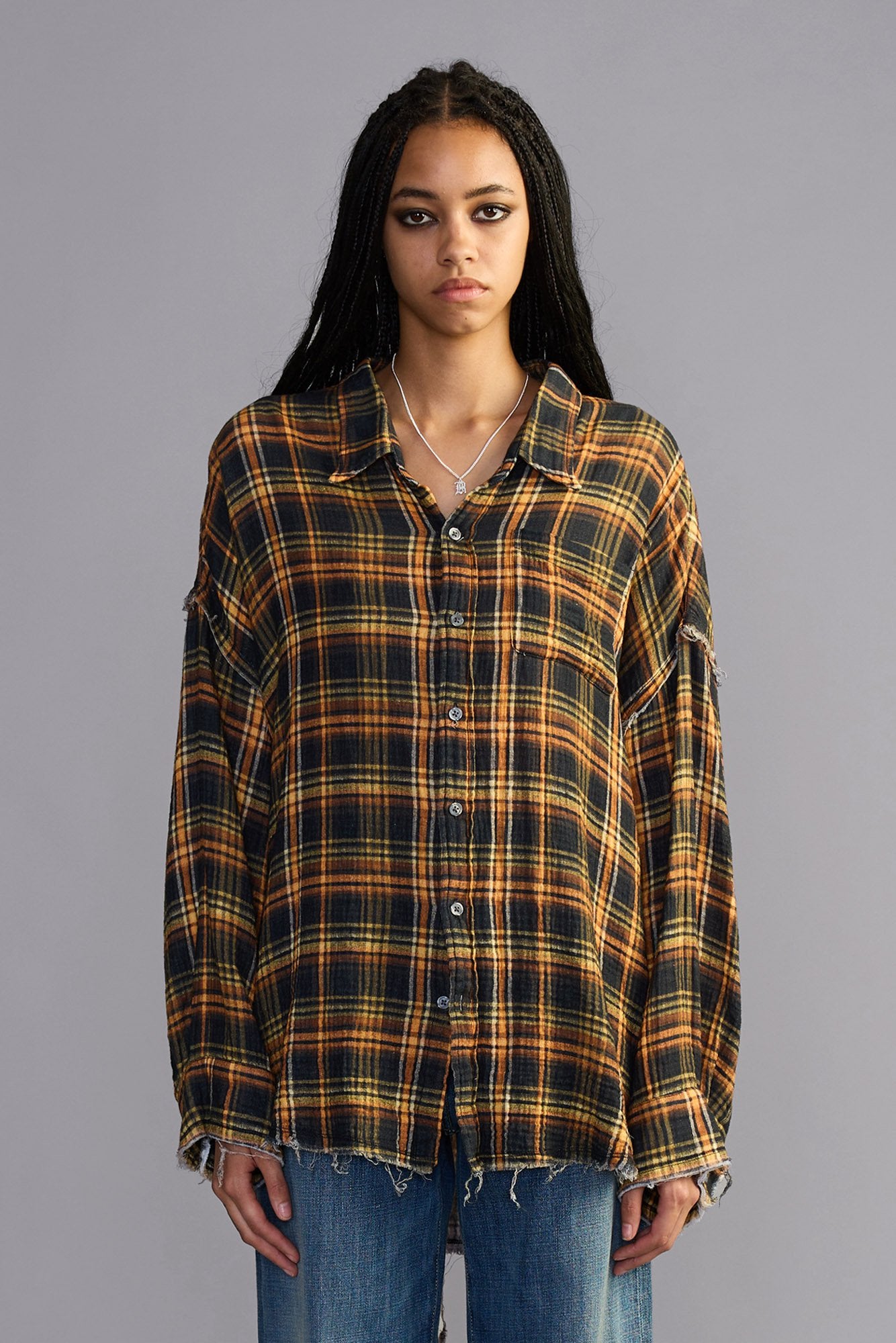 Shredded Seam Drop Neck Shirt - Brown Orange Plaid - R13