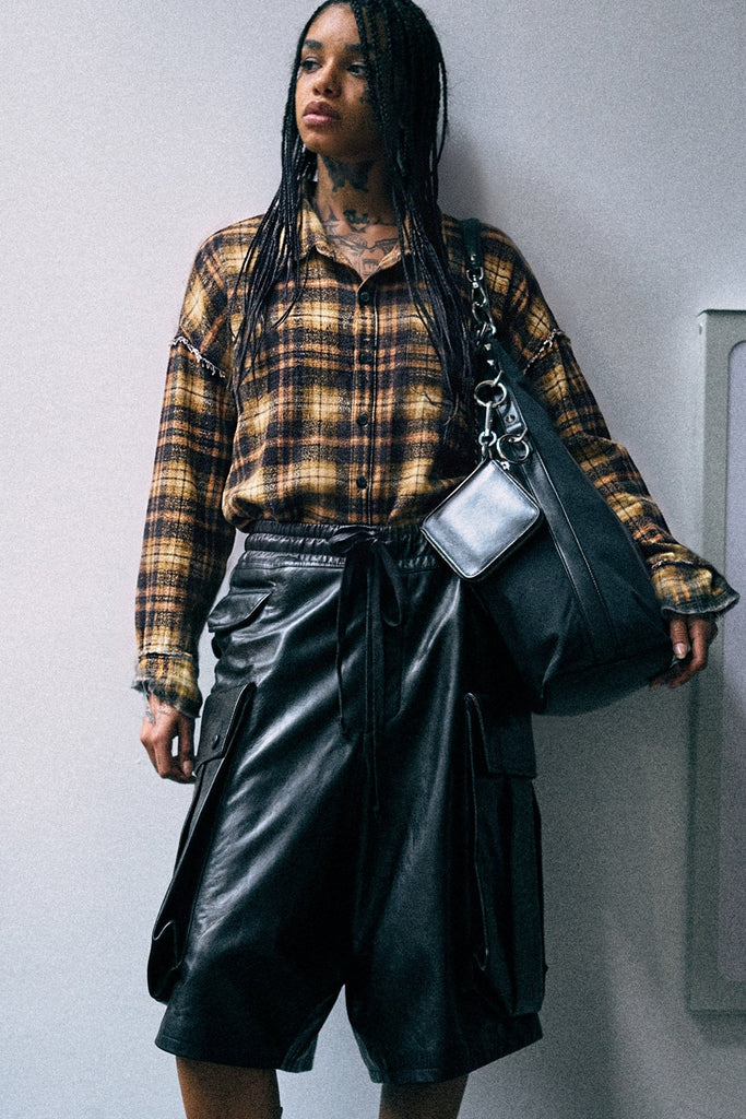 Shredded Seam Drop Neck Shirt - Brown Plaid