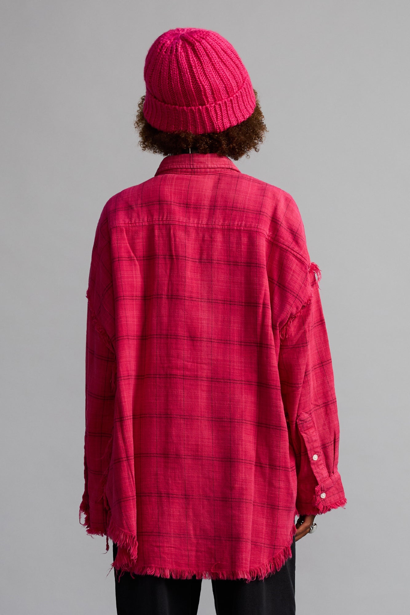 SHREDDED SEAM DROP NECK SHIRT - DEEP PINK PLAID - R13