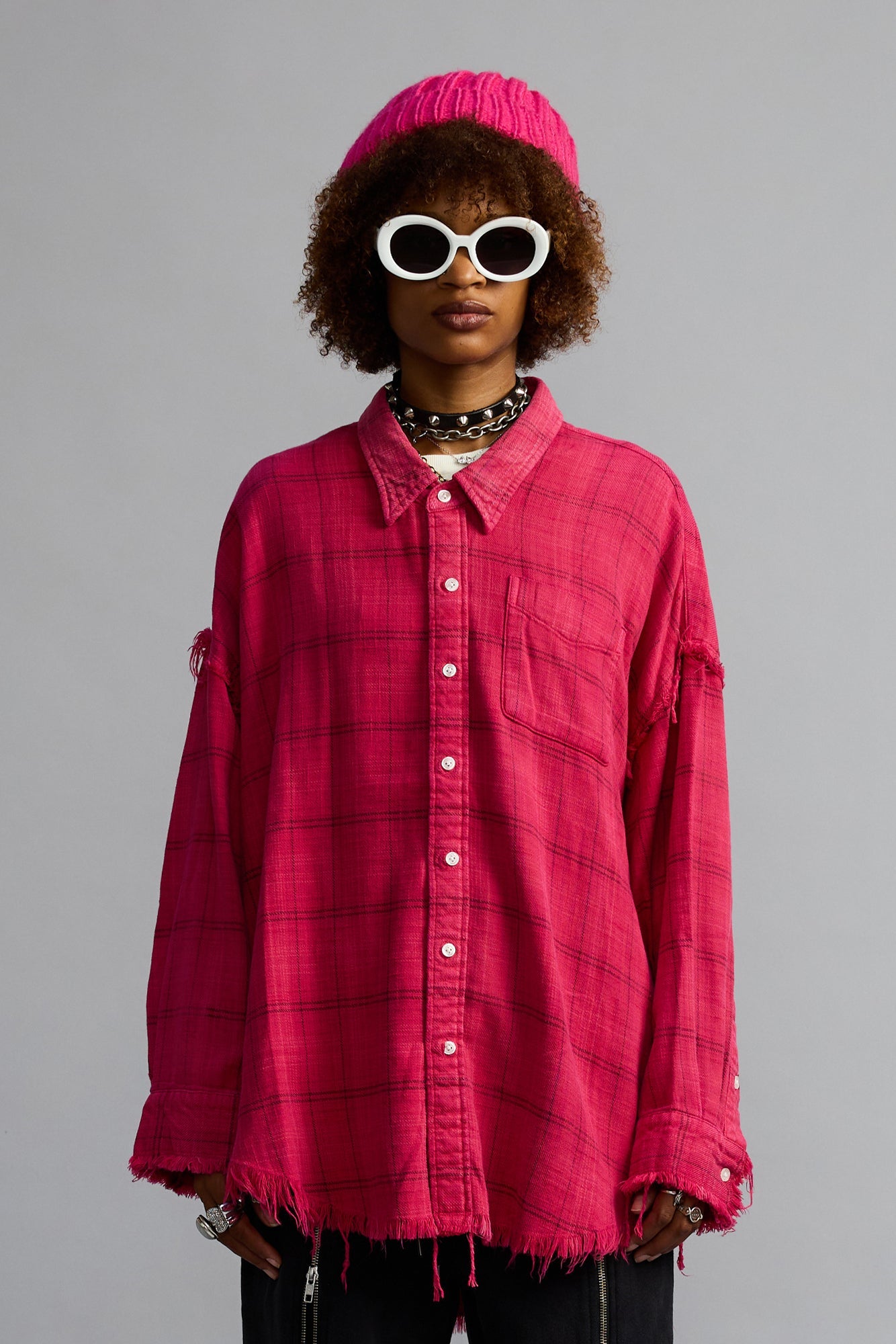 SHREDDED SEAM DROP NECK SHIRT - DEEP PINK PLAID - R13 SHREDDED SEAM DROP NECK SHIRT - DEEP PINK PLAID - R13