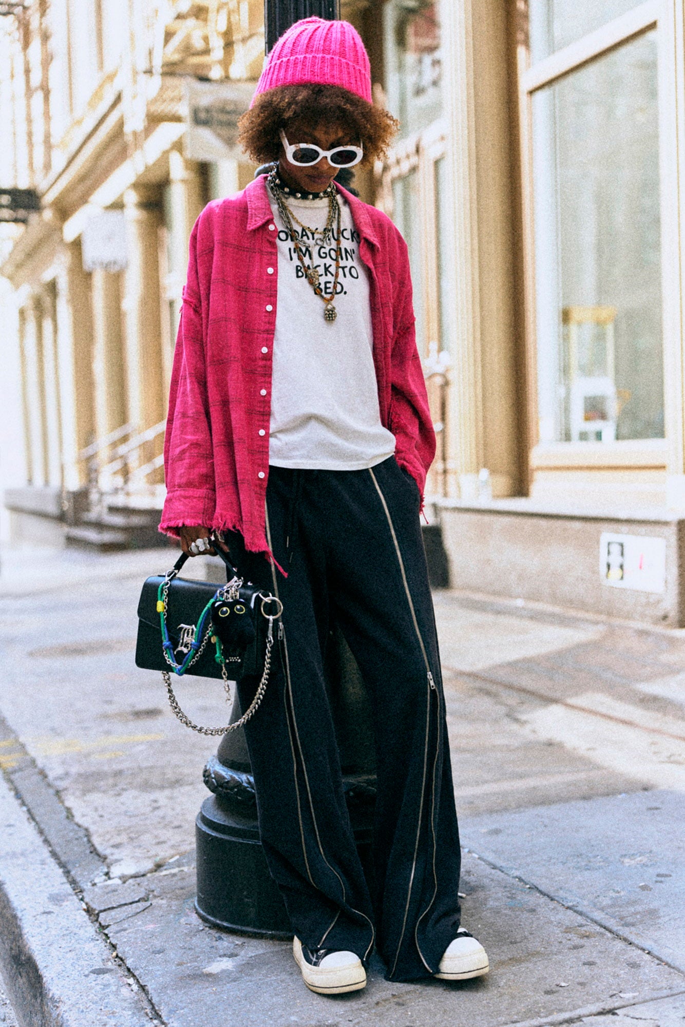 SHREDDED SEAM DROP NECK SHIRT - DEEP PINK PLAID - R13