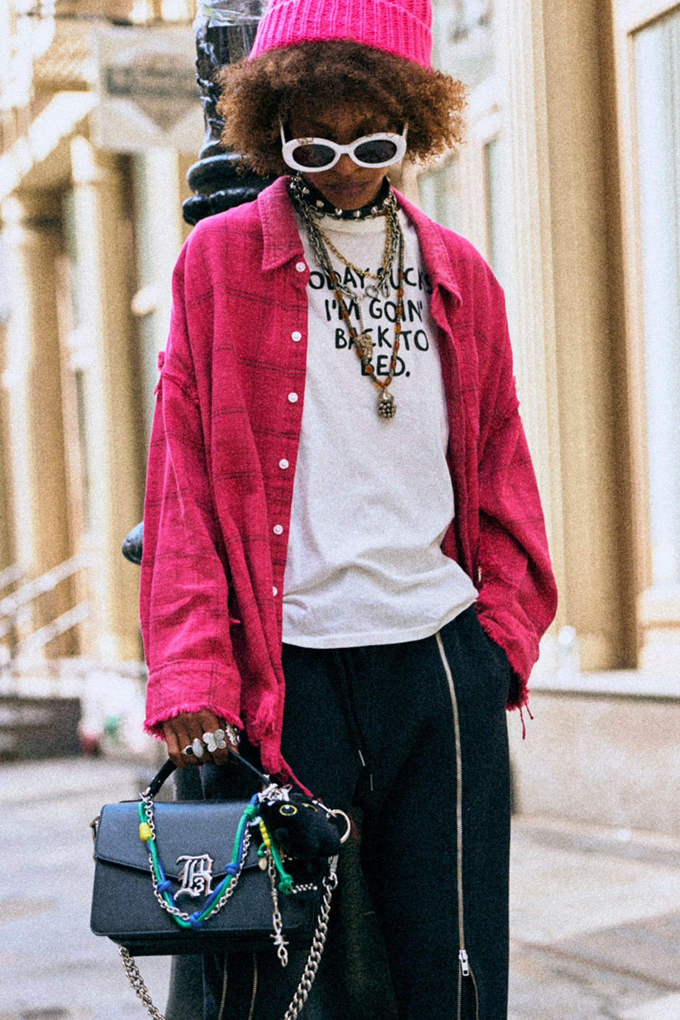 SHREDDED SEAM DROP NECK SHIRT - DEEP PINK PLAID