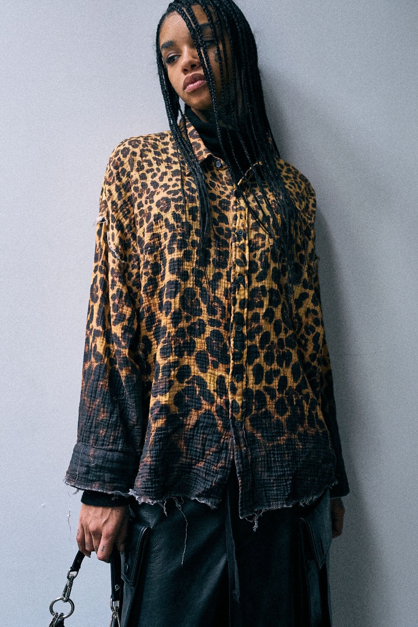 Shredded Seam Drop Neck Shirt - Dipped Brown Leopard - R13