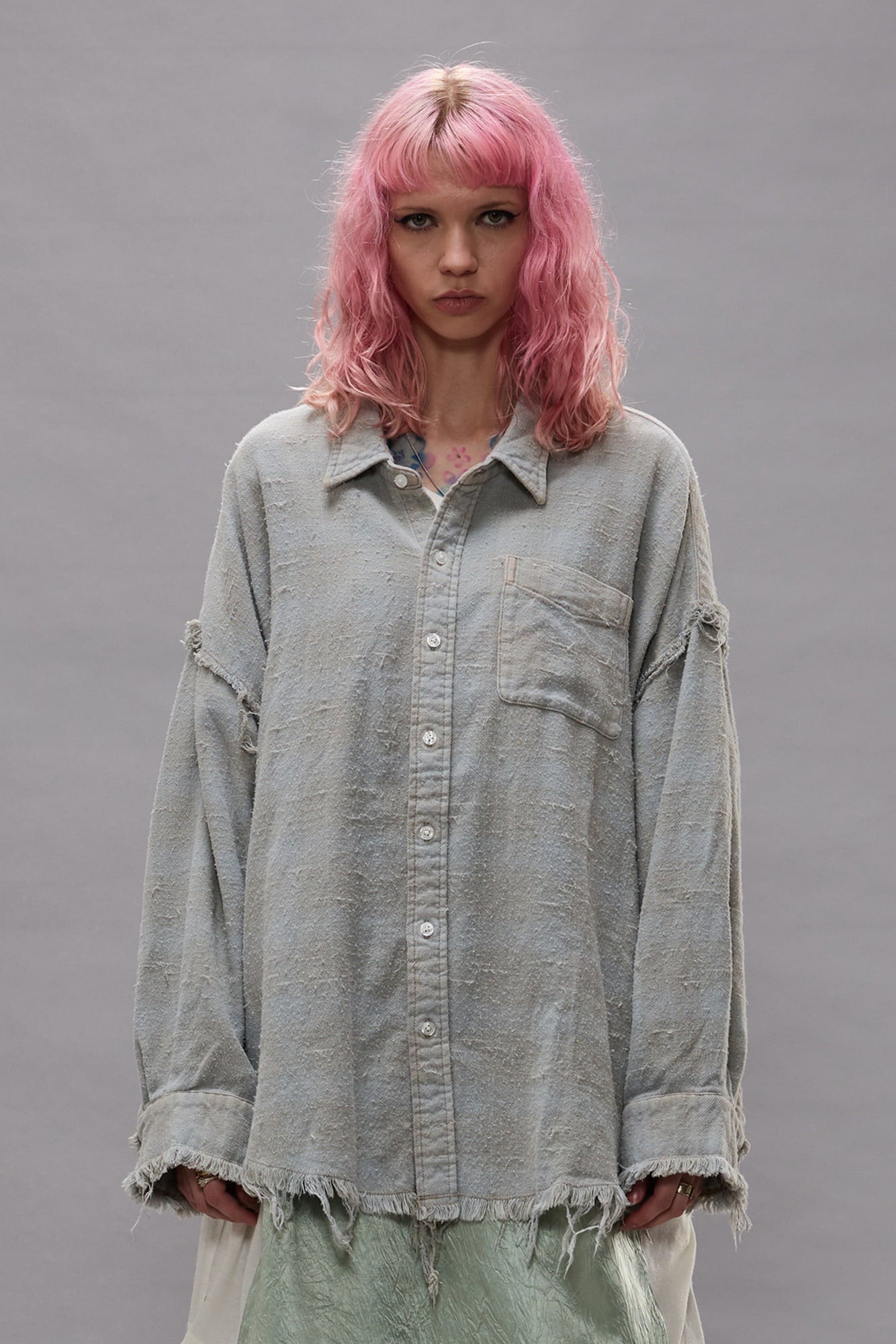 Shredded Seam Drop Neck Shirt - Faded Blue Plaid - R13