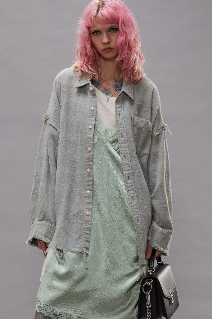 Shredded Seam Drop Neck Shirt - Faded Blue Plaid