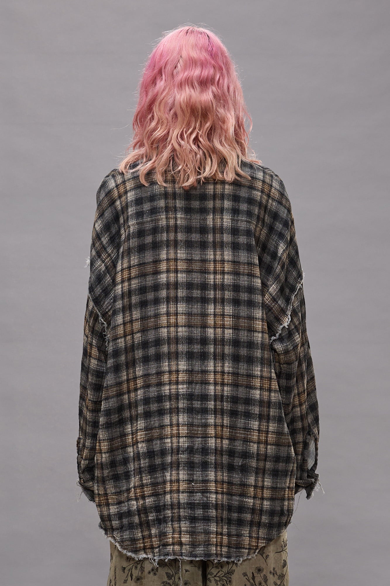 Shredded Seam Drop Neck Shirt - Grey Cream Plaid - R13
