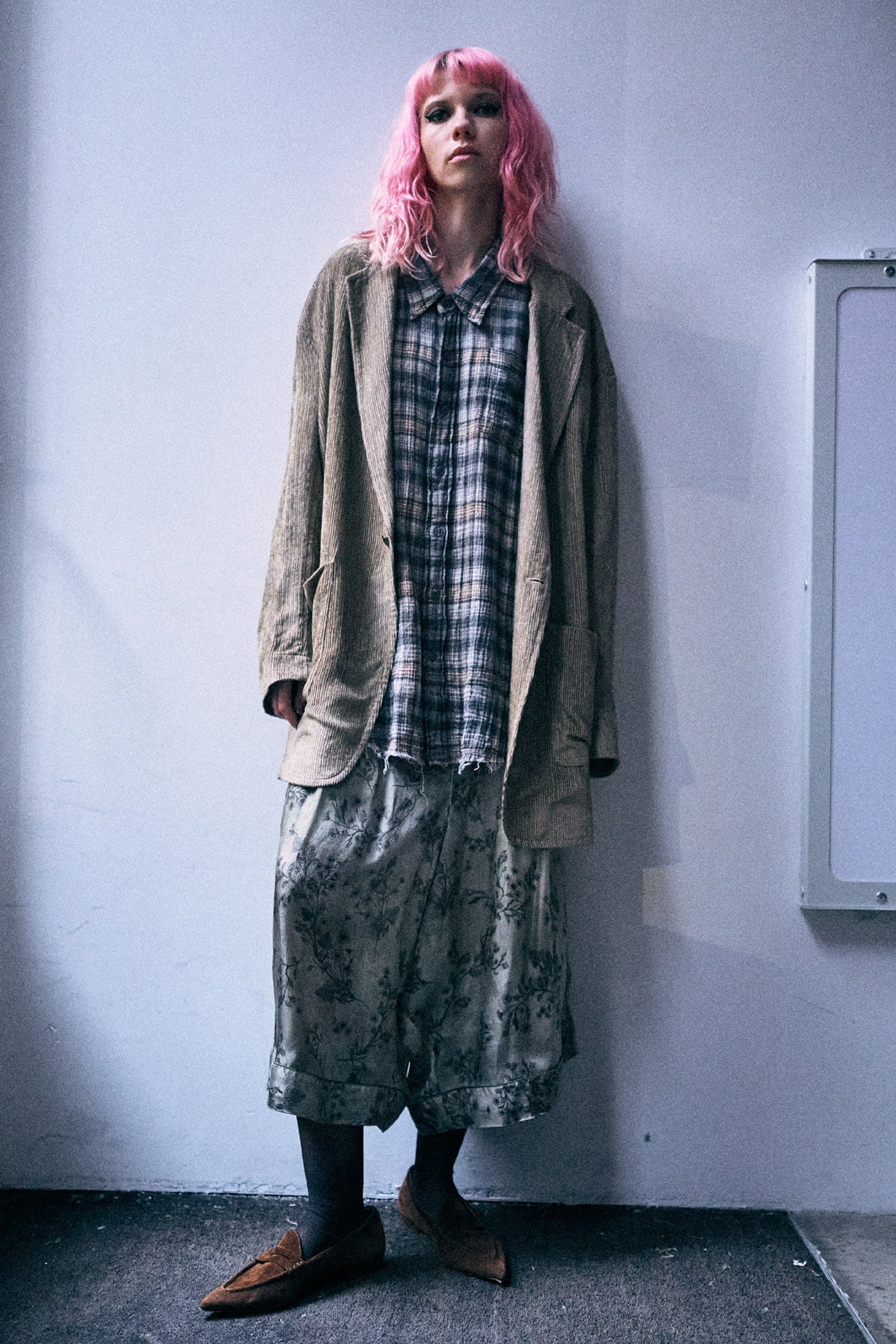 Shredded Seam Drop Neck Shirt - Grey Cream Plaid - R13