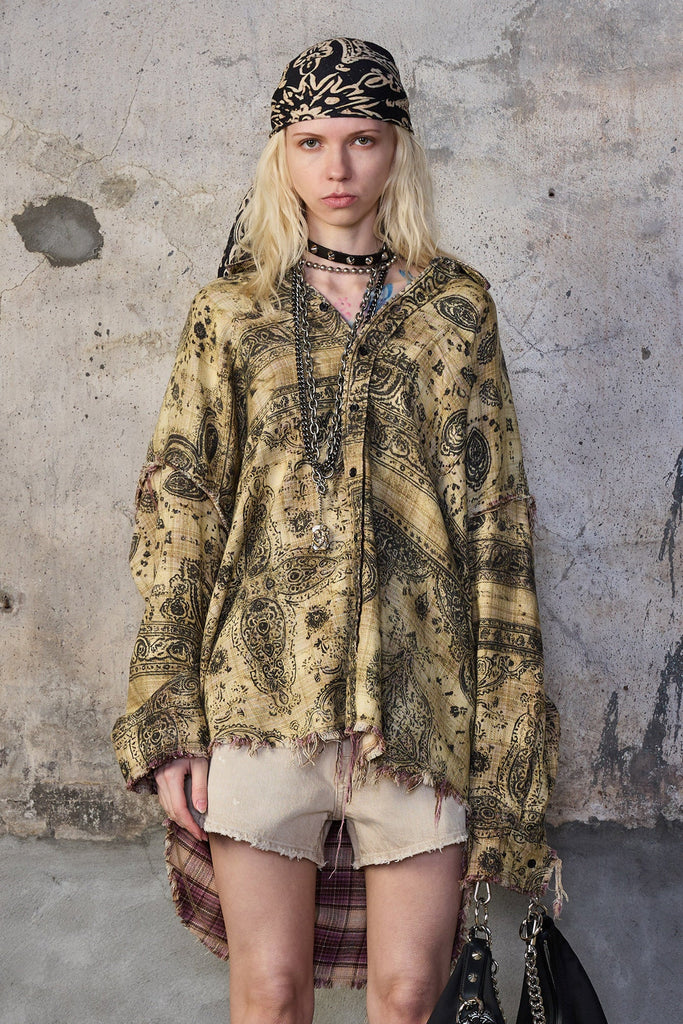 SHREDDED SEAM DROP NECK SHIRT - KHAKI BANDANA BLACK OVERPRINT