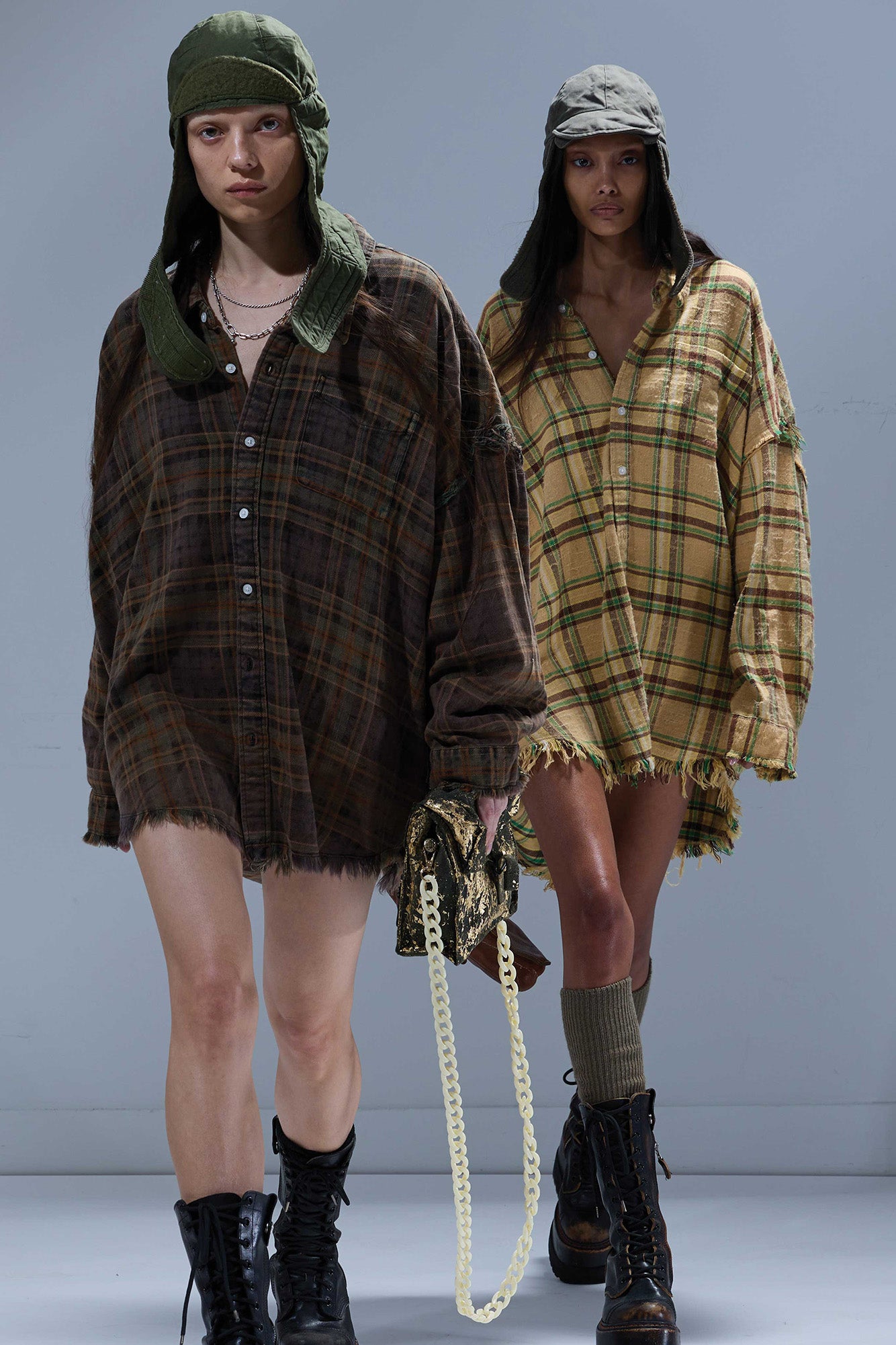 SHREDDED SEAM DROP NECK SHIRT - KHAKI / GREEN PLAID - R13