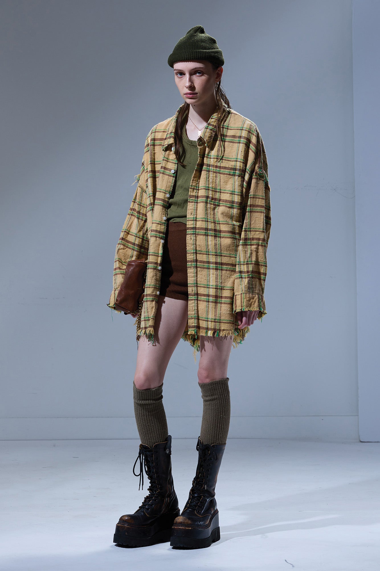 SHREDDED SEAM DROP NECK SHIRT - KHAKI / GREEN PLAID