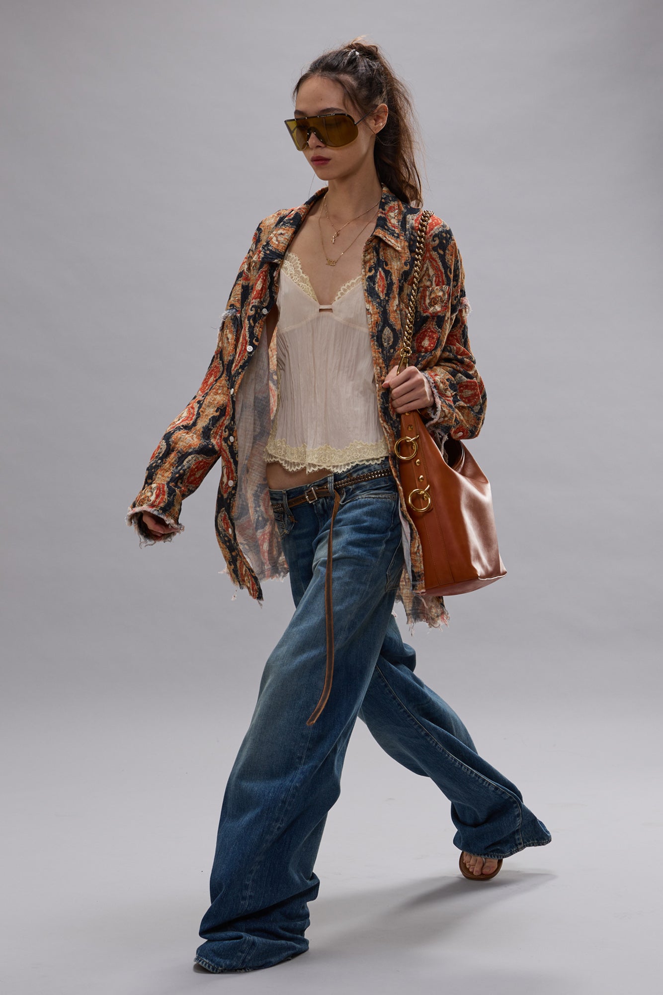 SHREDDED SEAM DROP NECK SHIRT - ORANGE DARK NAVY MULTICOLOR - R13