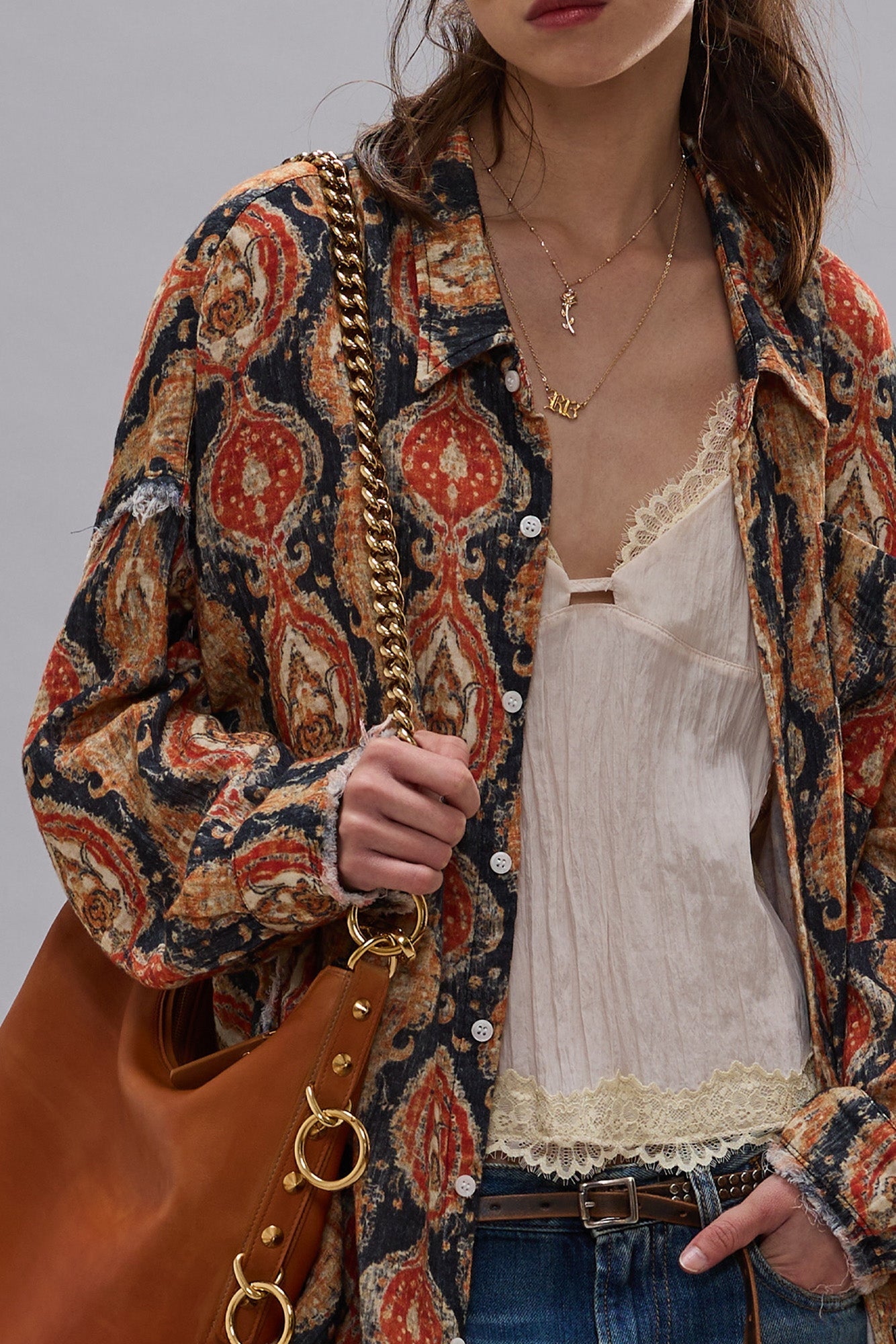 SHREDDED SEAM DROP NECK SHIRT - ORANGE DARK NAVY MULTICOLOR - R13