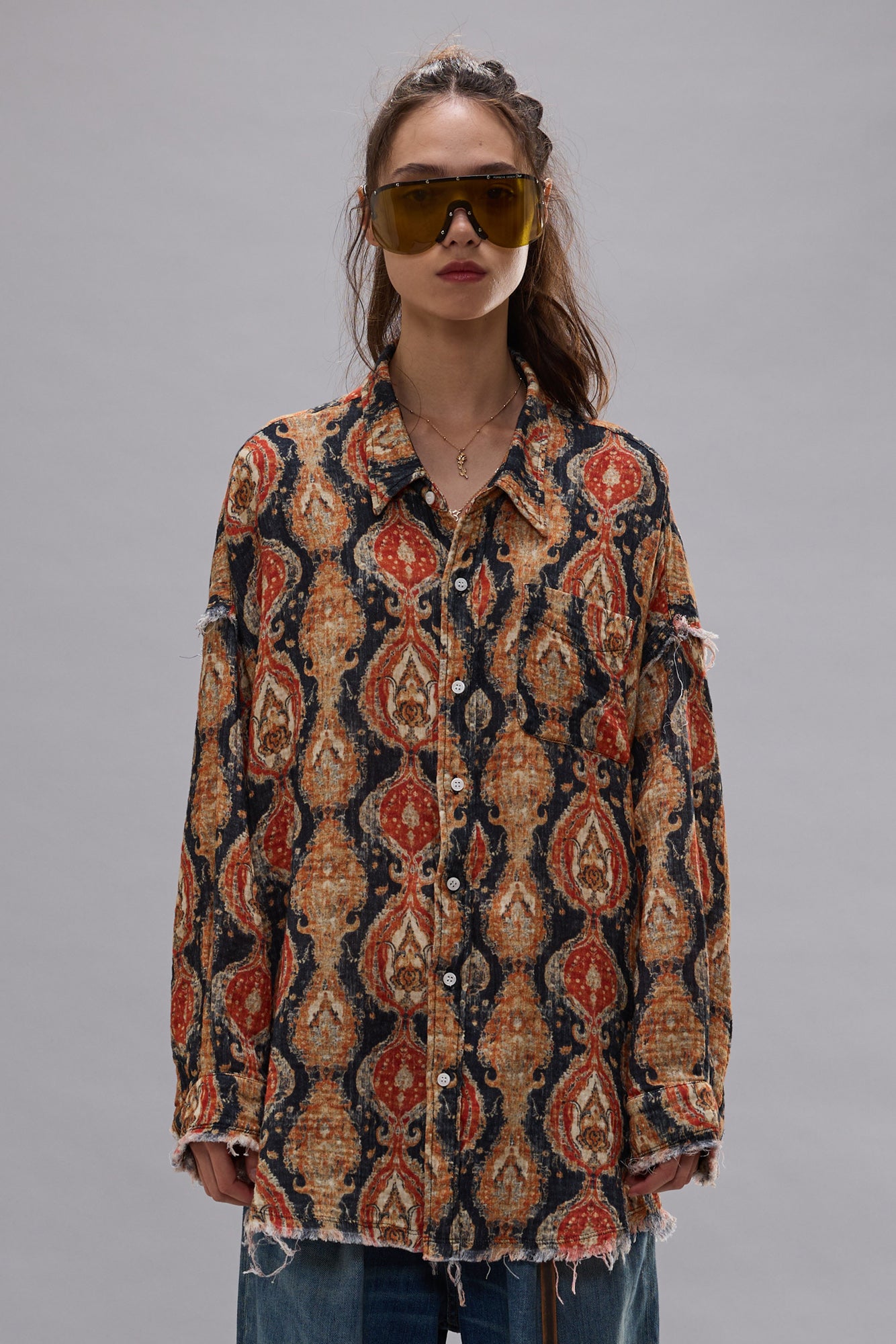 R13 アールサーティーンSHREDDED SEAM DROP NECK SHREDDED SEAM DROP NECK SHIRT - ORANGE DARK NAVY MULTICOLOR - R13