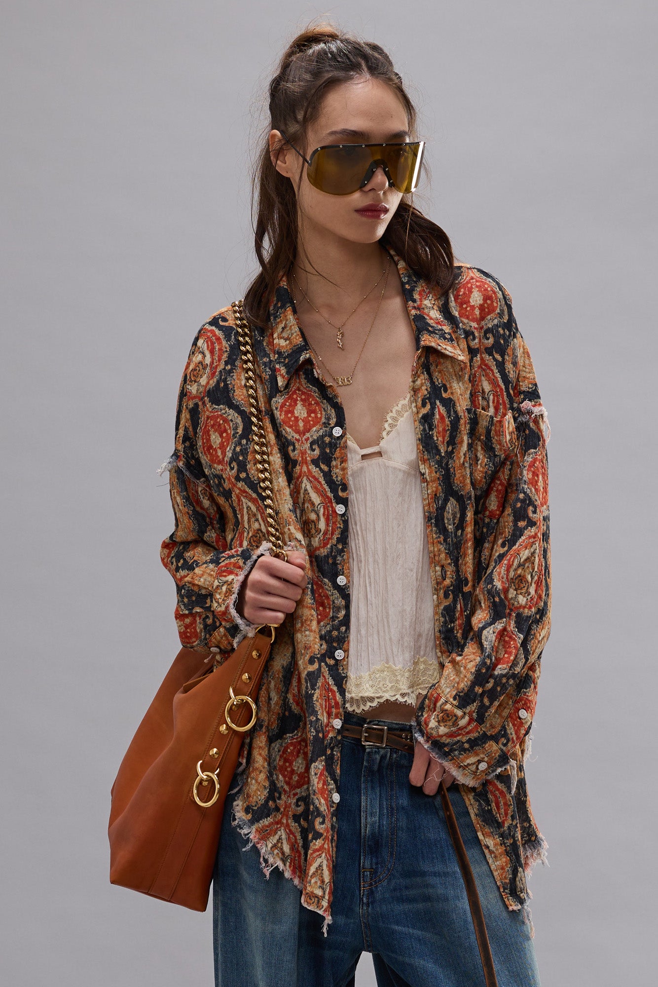 SHREDDED SEAM DROP NECK SHIRT - ORANGE DARK NAVY MULTICOLOR - R13