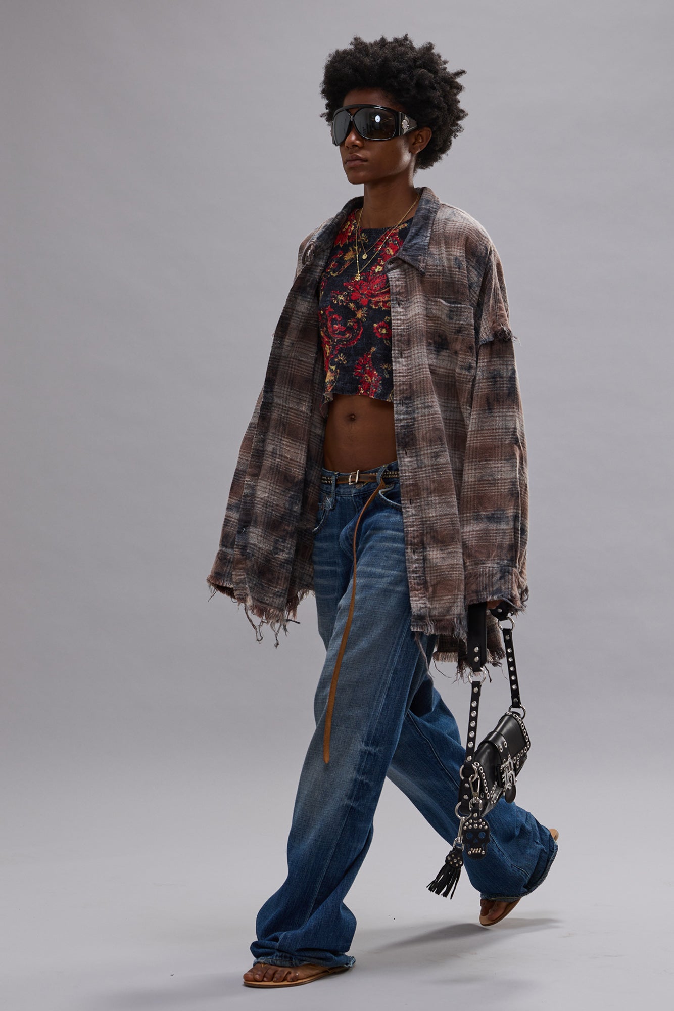 SHREDDED SEAM DROP NECK SHIRT - OVERDYED GREY PLAID - R13