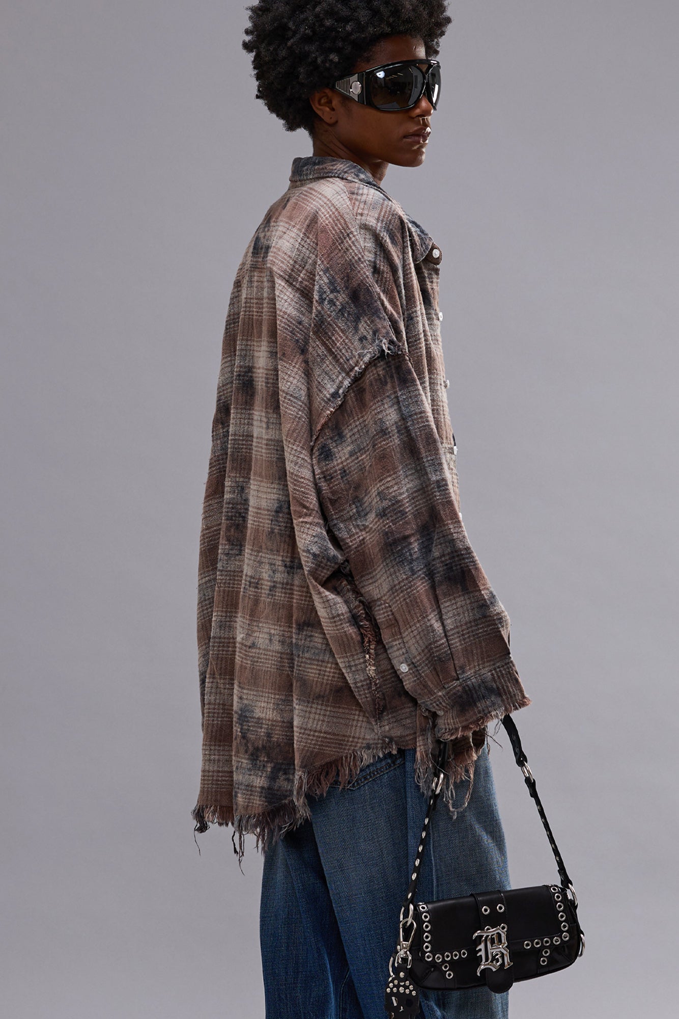 SHREDDED SEAM DROP NECK SHIRT - OVERDYED GREY PLAID