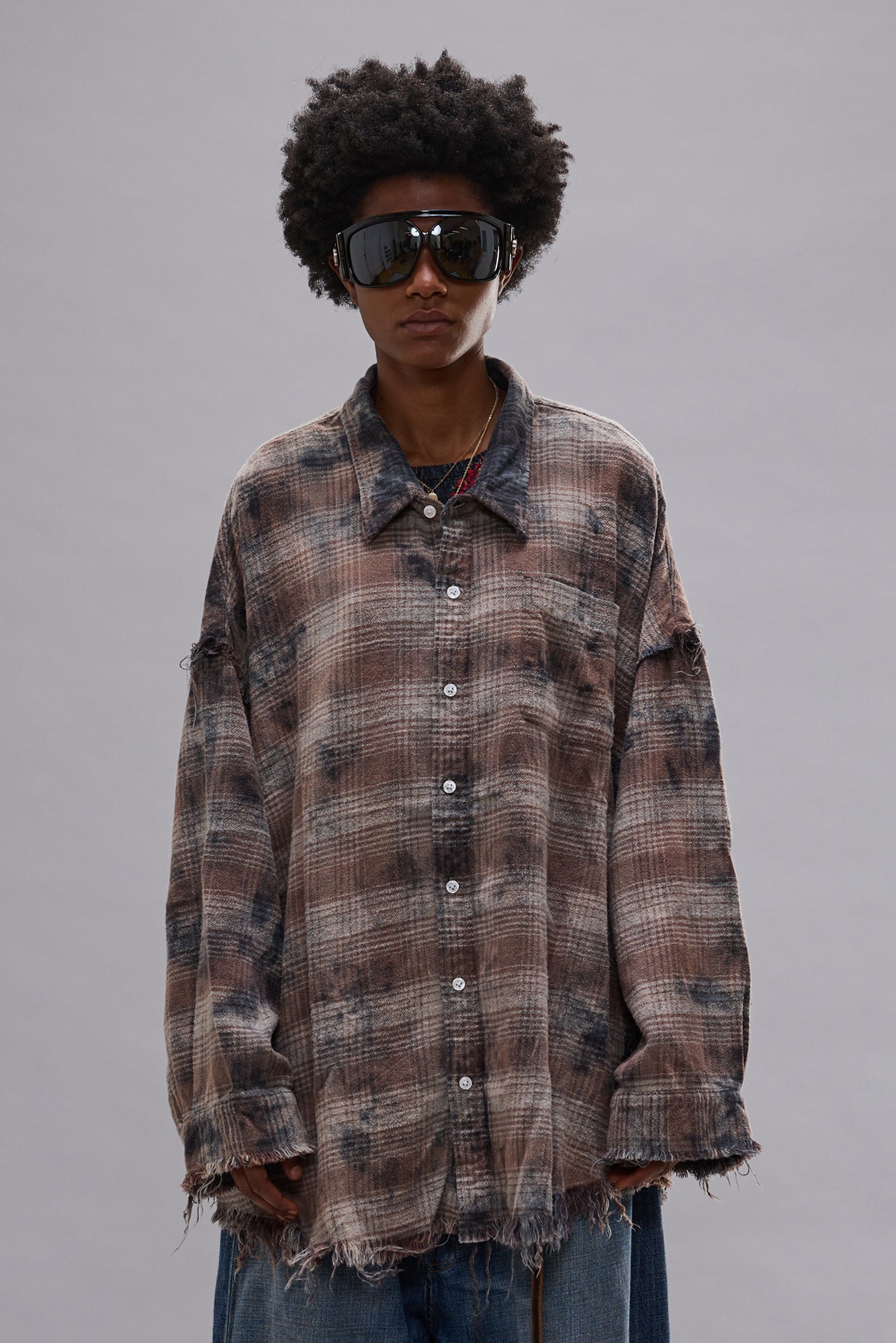 Shredded Seam Drop Neck Shirt - Overdyed Grey Plaid – R13