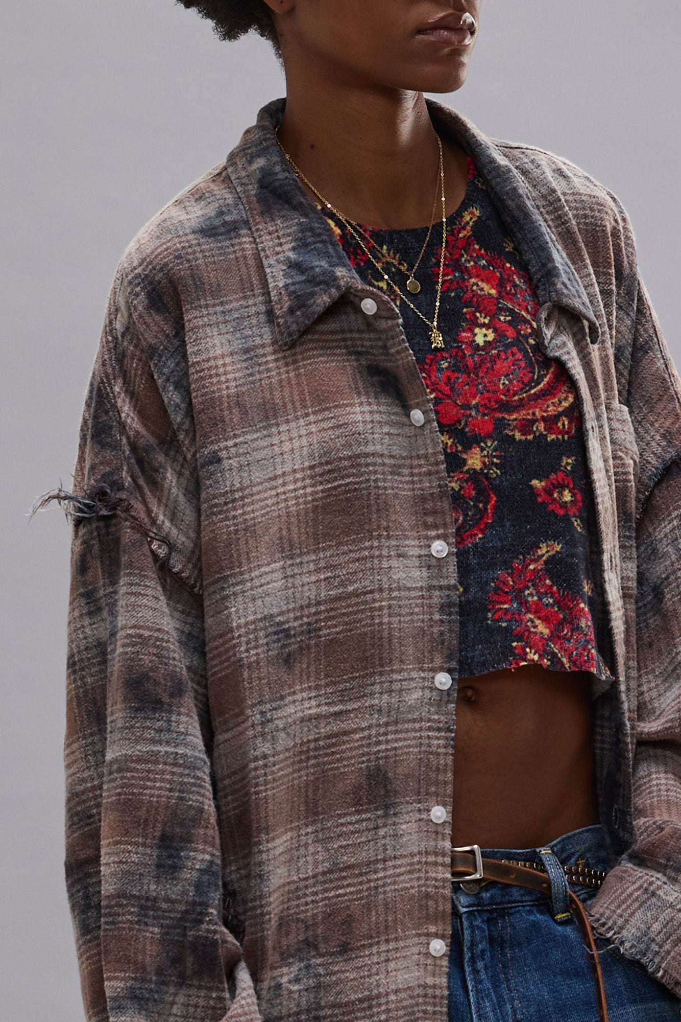 SHREDDED SEAM DROP NECK SHIRT - OVERDYED GREY PLAID - R13
