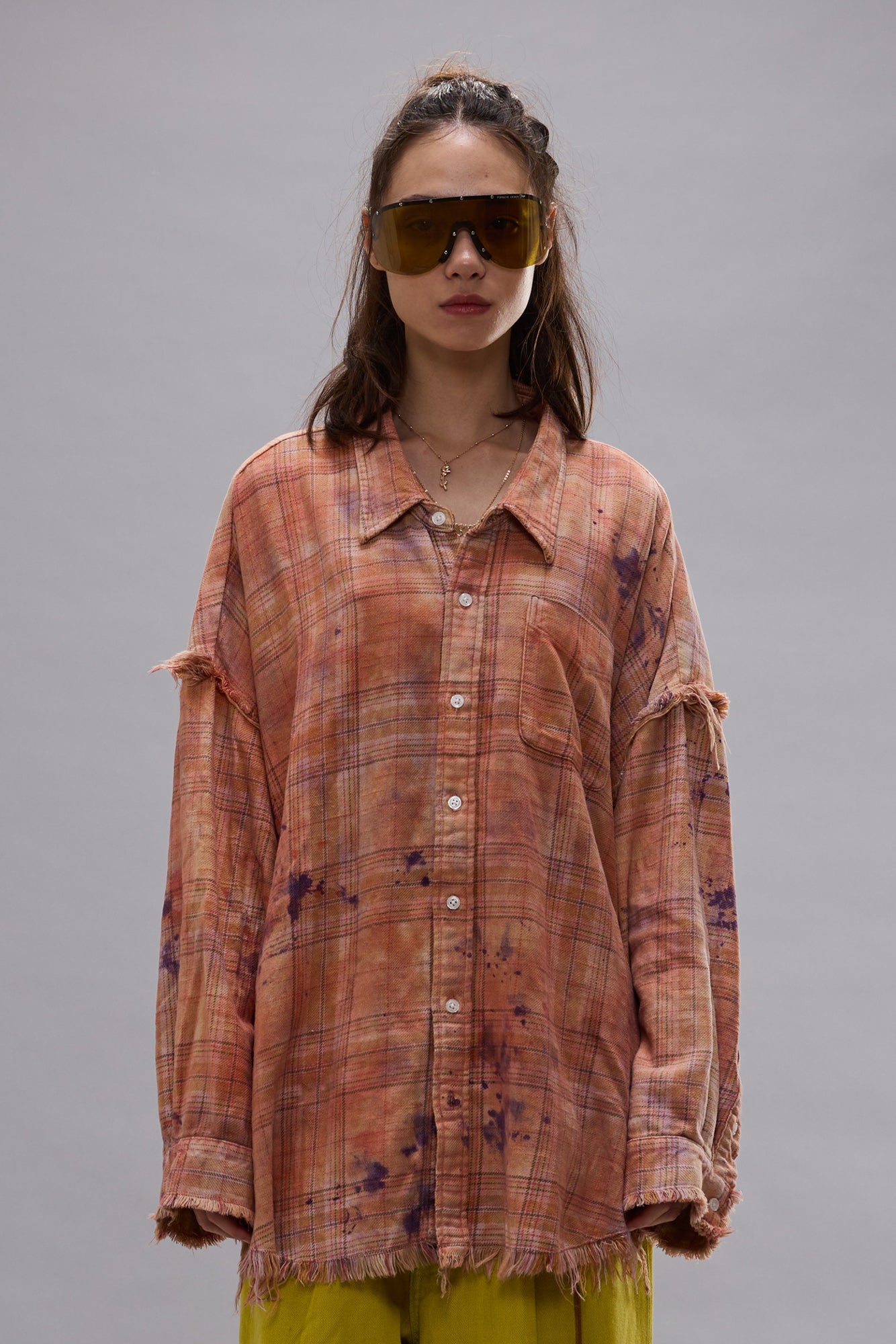 Shredded Seam Drop Neck Shirt - Overdyed Orange Purple Plaid – R13
