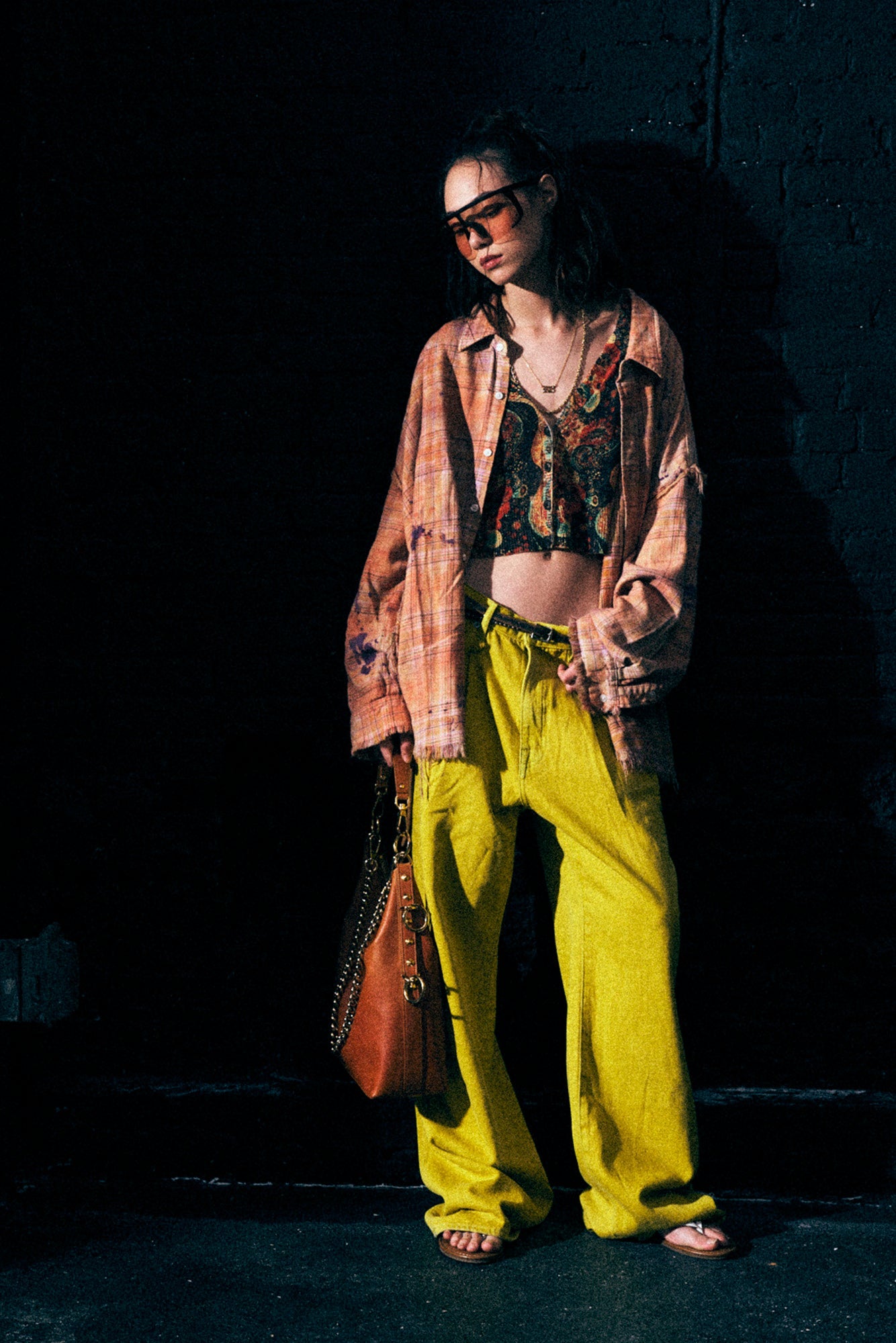 SHREDDED SEAM DROP NECK SHIRT - OVERDYED ORANGE PURPLE PLAID - R13