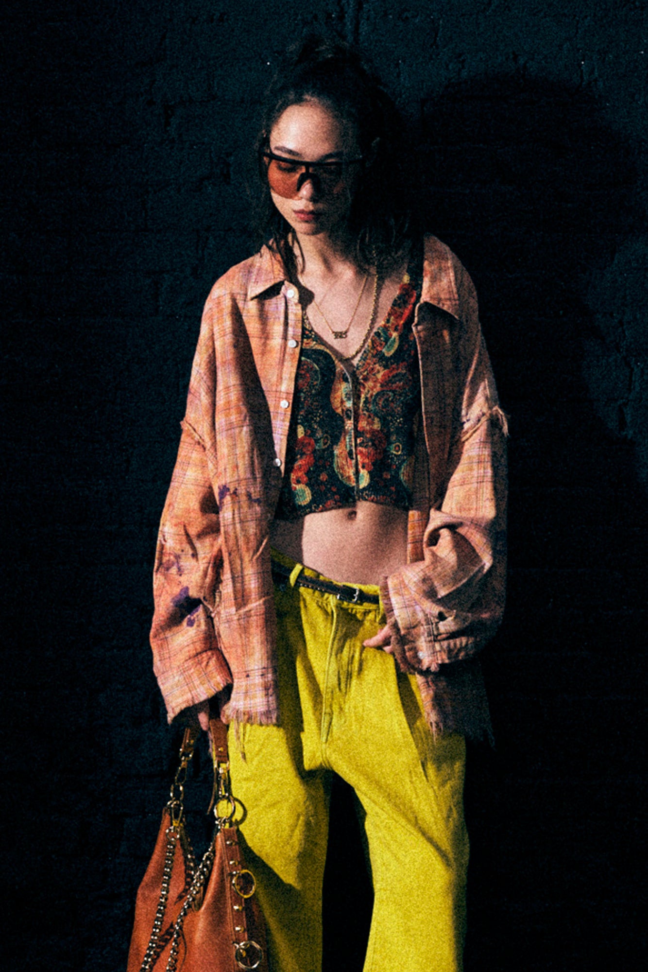 SHREDDED SEAM DROP NECK SHIRT - OVERDYED ORANGE PURPLE PLAID - R13