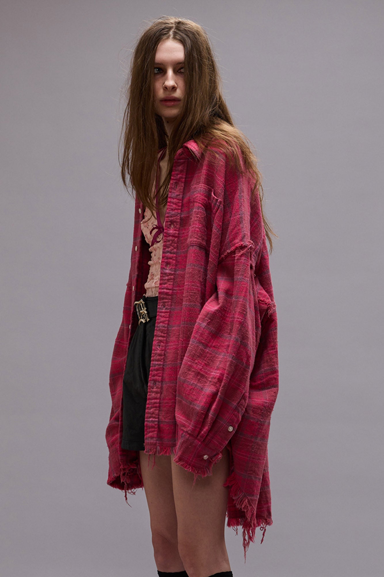 Shredded Seam Drop Neck Shirt - Raspberry Overdyed Plaid - R13