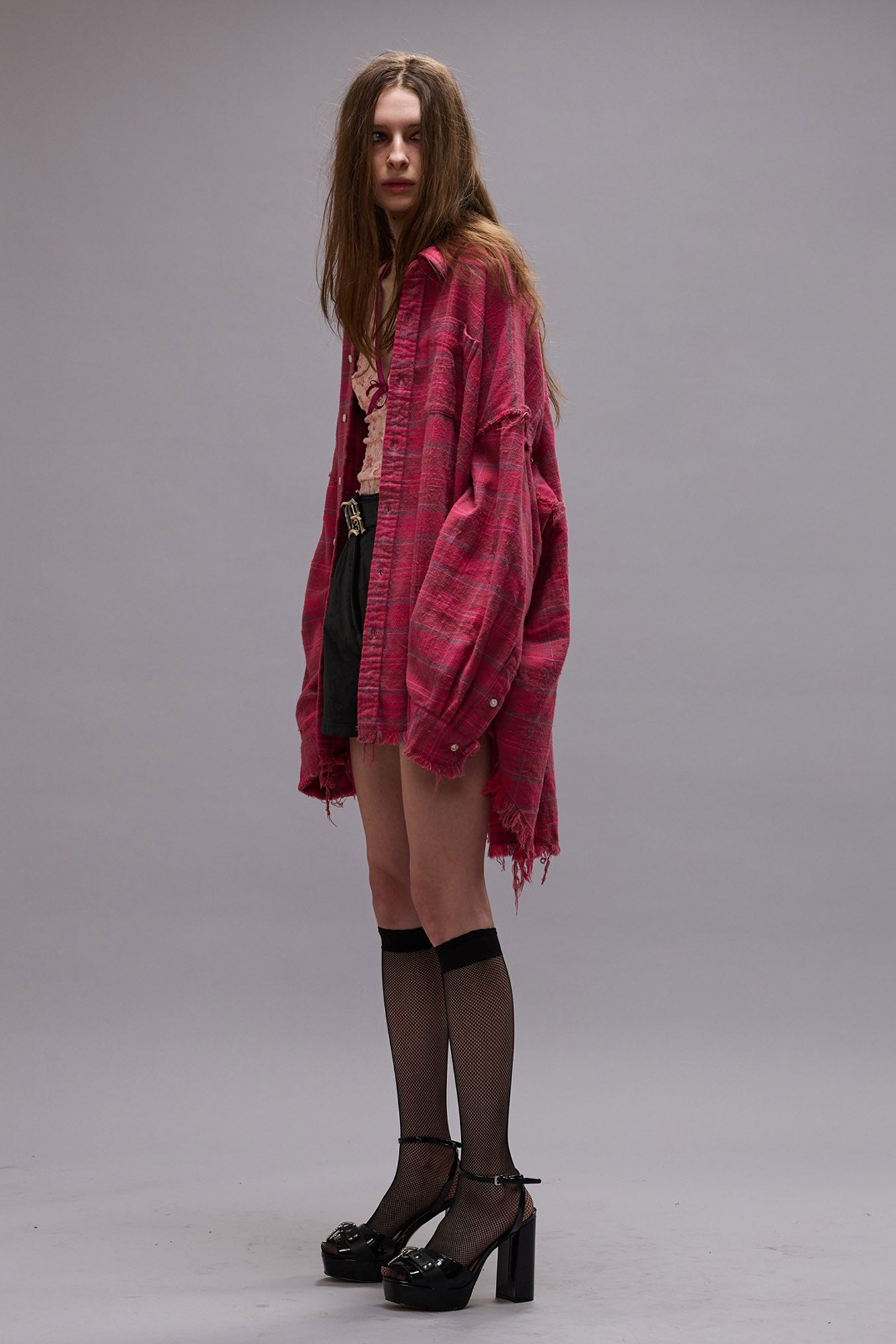 Shredded Seam Drop Neck Shirt - Raspberry Overdyed Plaid - R13