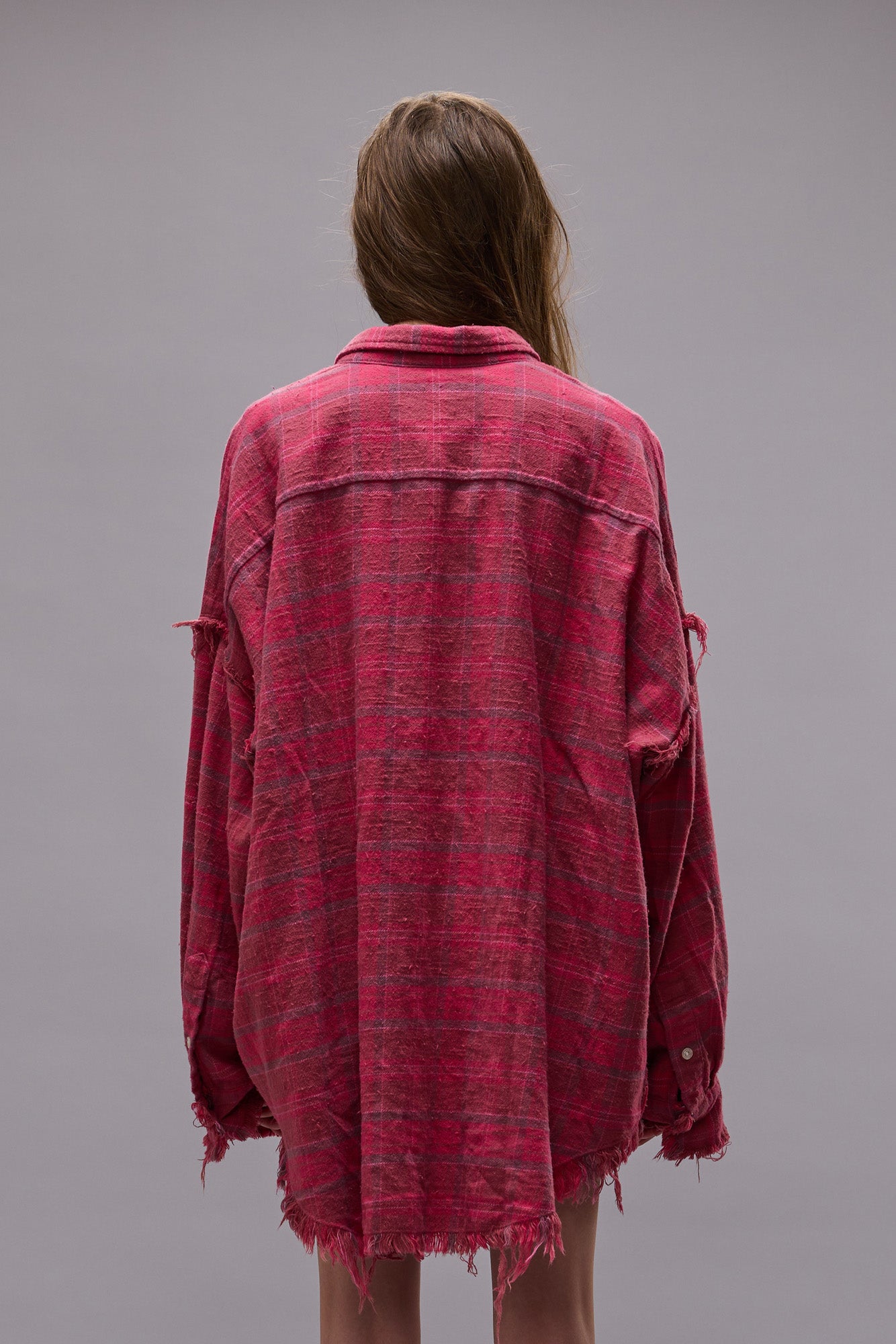 Shredded Seam Drop Neck Shirt - Raspberry Overdyed Plaid - R13