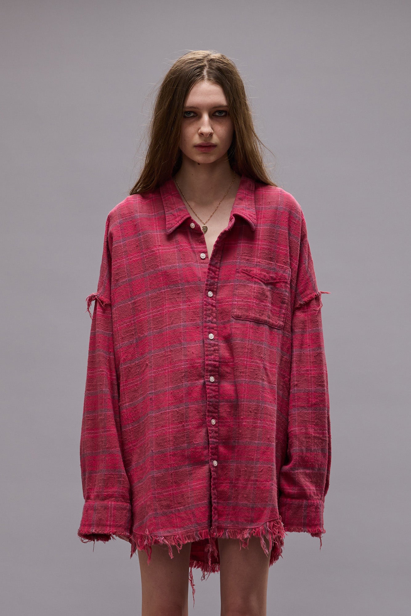 Shredded Seam Drop Neck Shirt - Raspberry Overdyed Plaid - R13