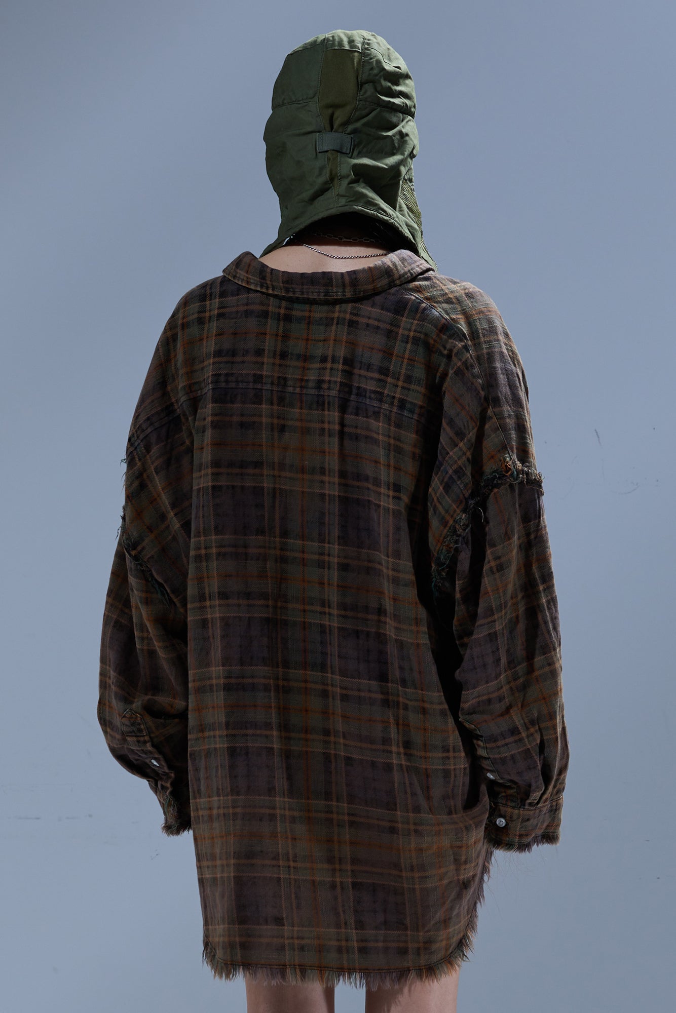 SHREDDED SEAM DROP NECK SHIRT - TEAL / NAVY / YELLOW PLAID BROWN - R13