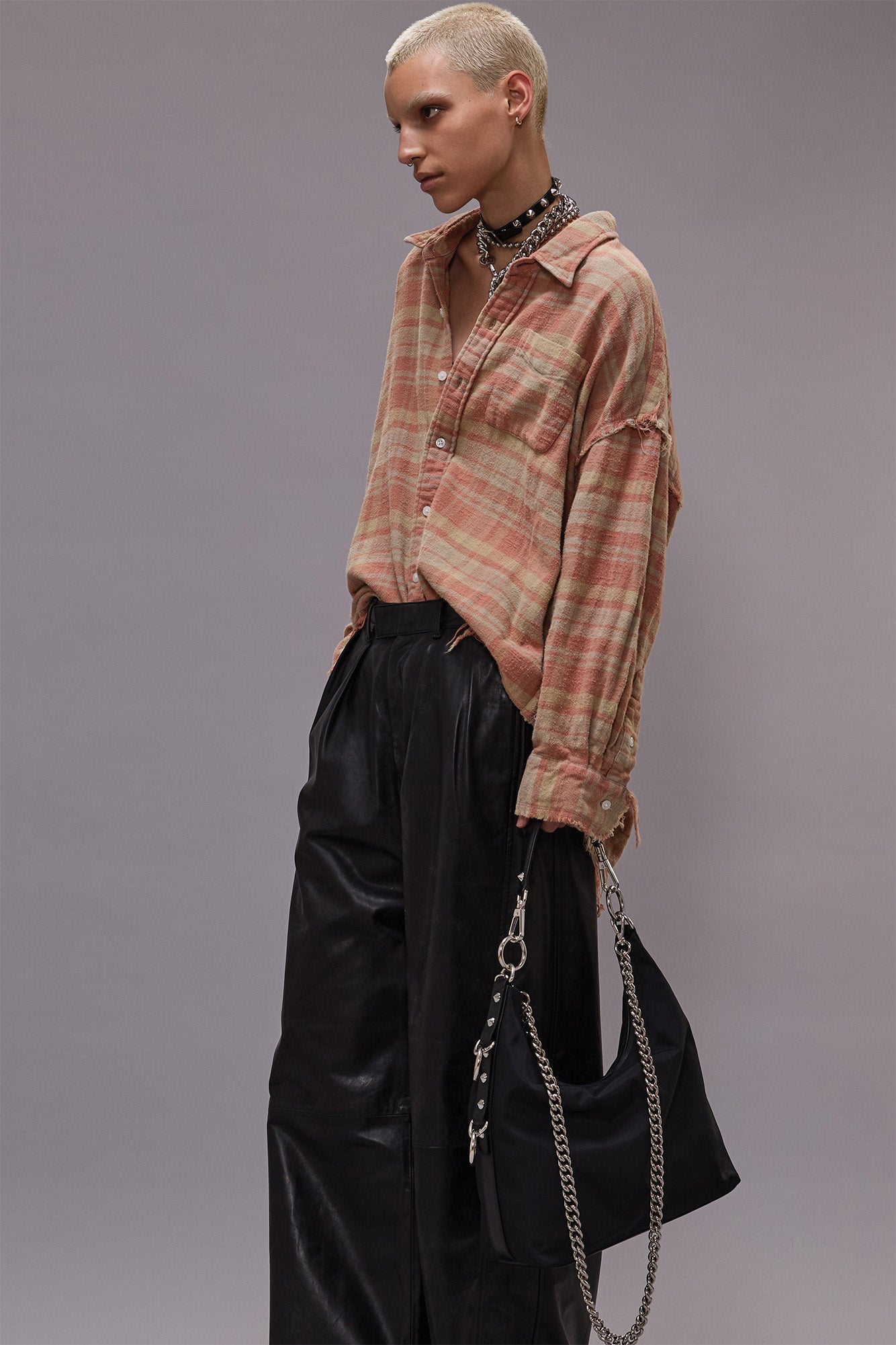 SHREDDED SEAM DROP NECK SHIRT - WASHED OUT RED/KHAKI PLAID