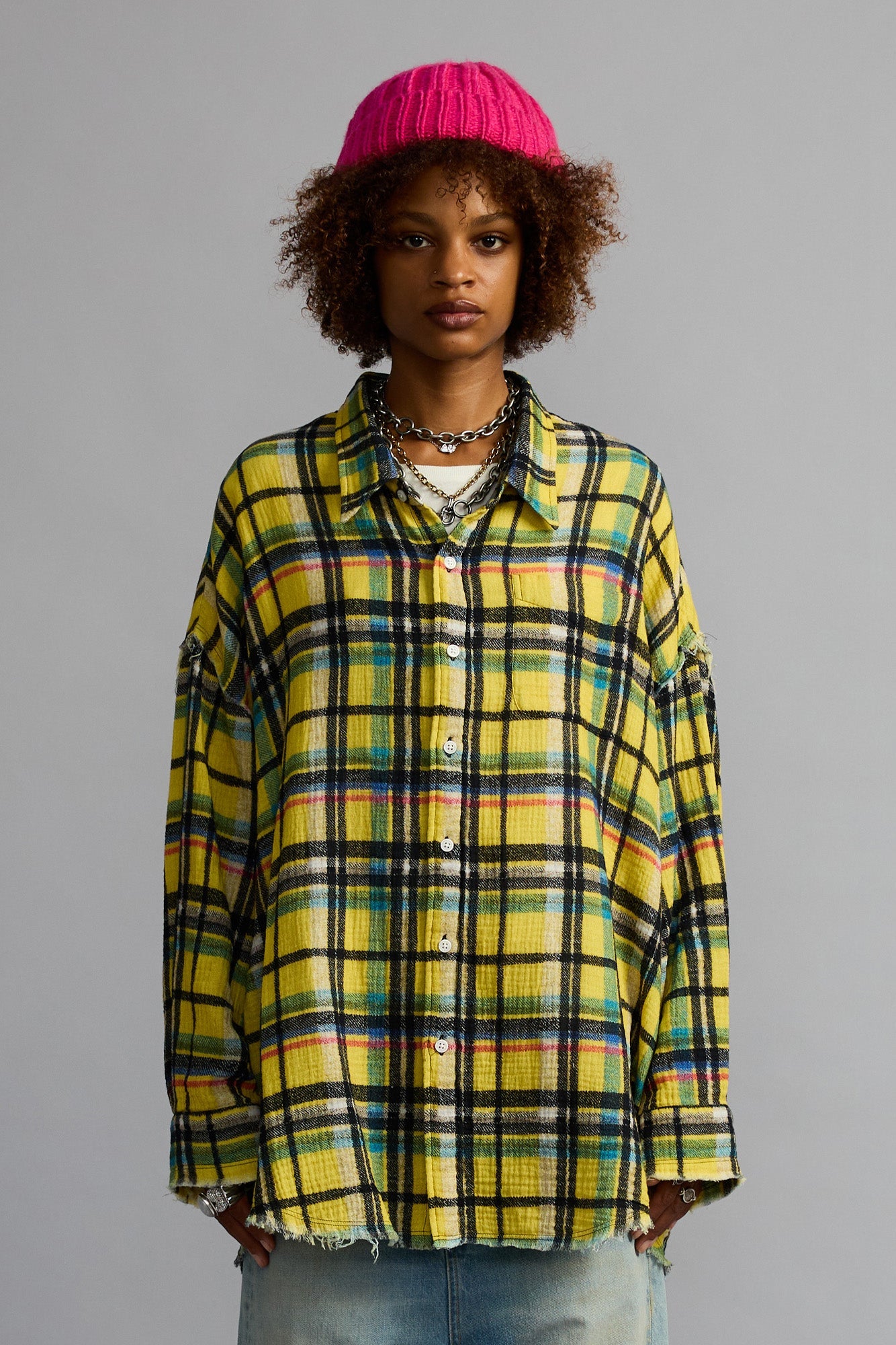 SHREDDED SEAM DROP NECK SHIRT - YELLOW PLAID - R13