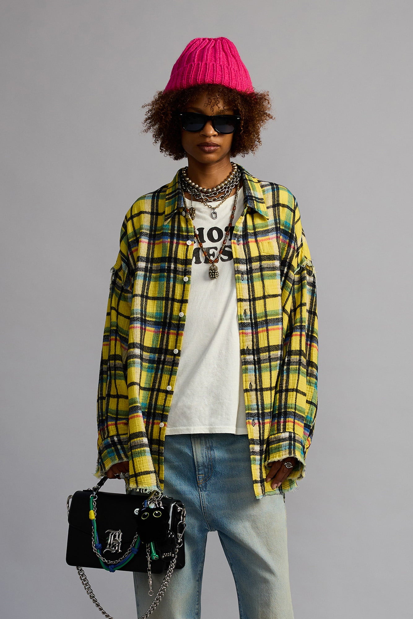 SHREDDED SEAM DROP NECK SHIRT - YELLOW AND BLACK PLAID - R13