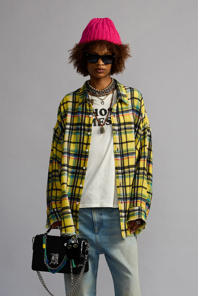 Shredded Seam Drop Neck Shirt - Yellow And Black Plaid