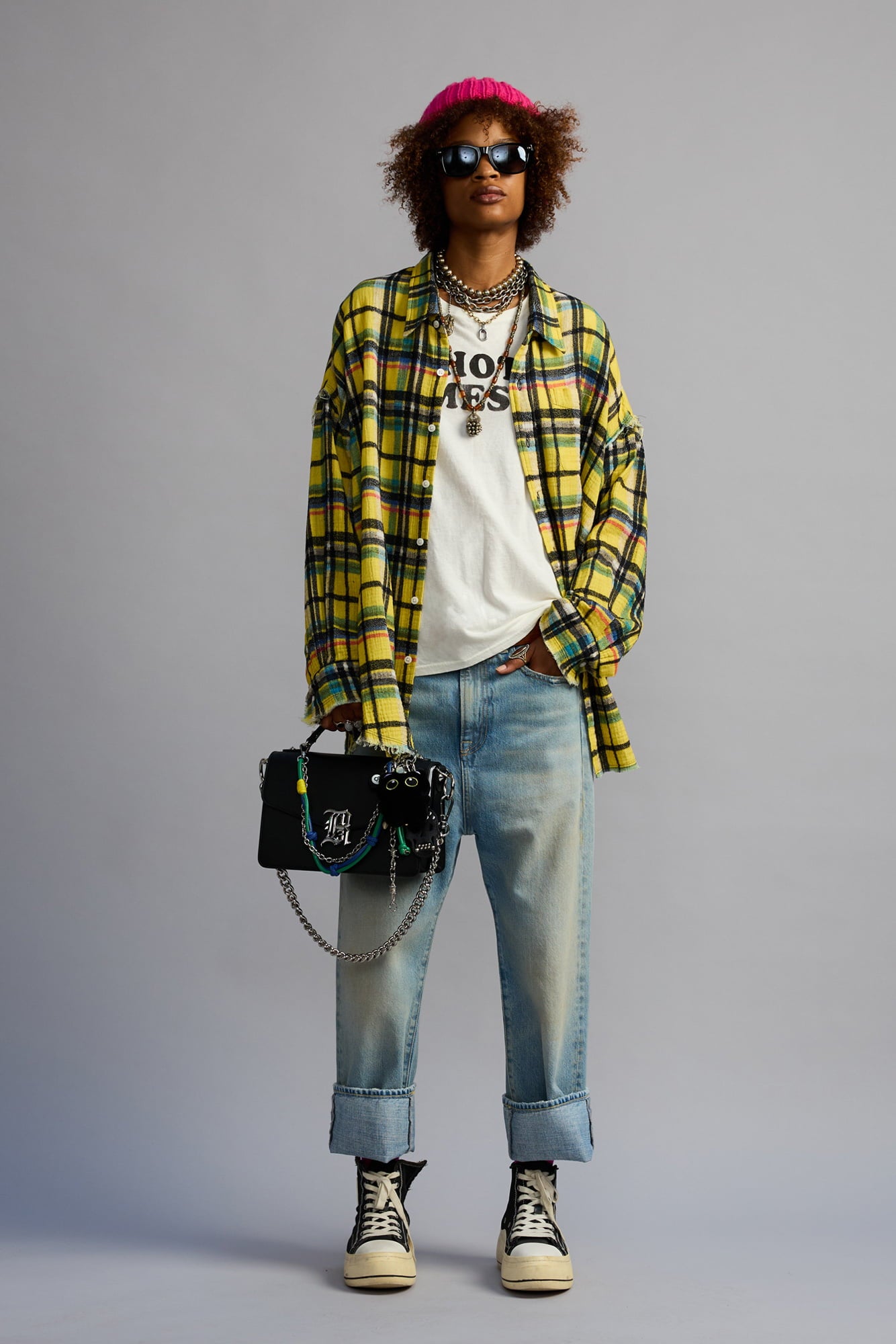 SHREDDED SEAM DROP NECK SHIRT - YELLOW AND BLACK PLAID - R13