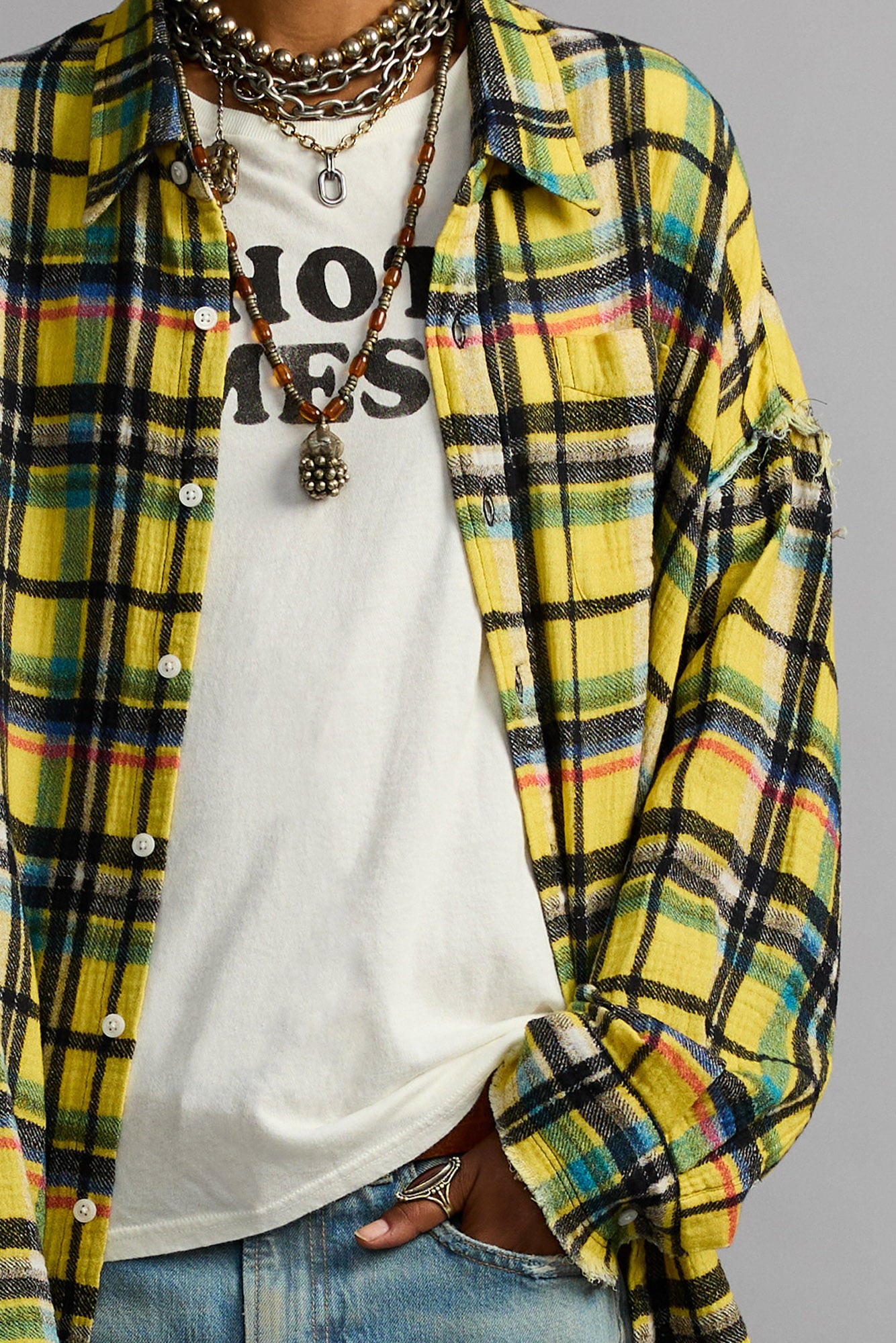 R13 アールサーティーンSHREDDED SEAM DROP NECK SHREDDED SEAM DROP NECK SHIRT - YELLOW PLAID - R13