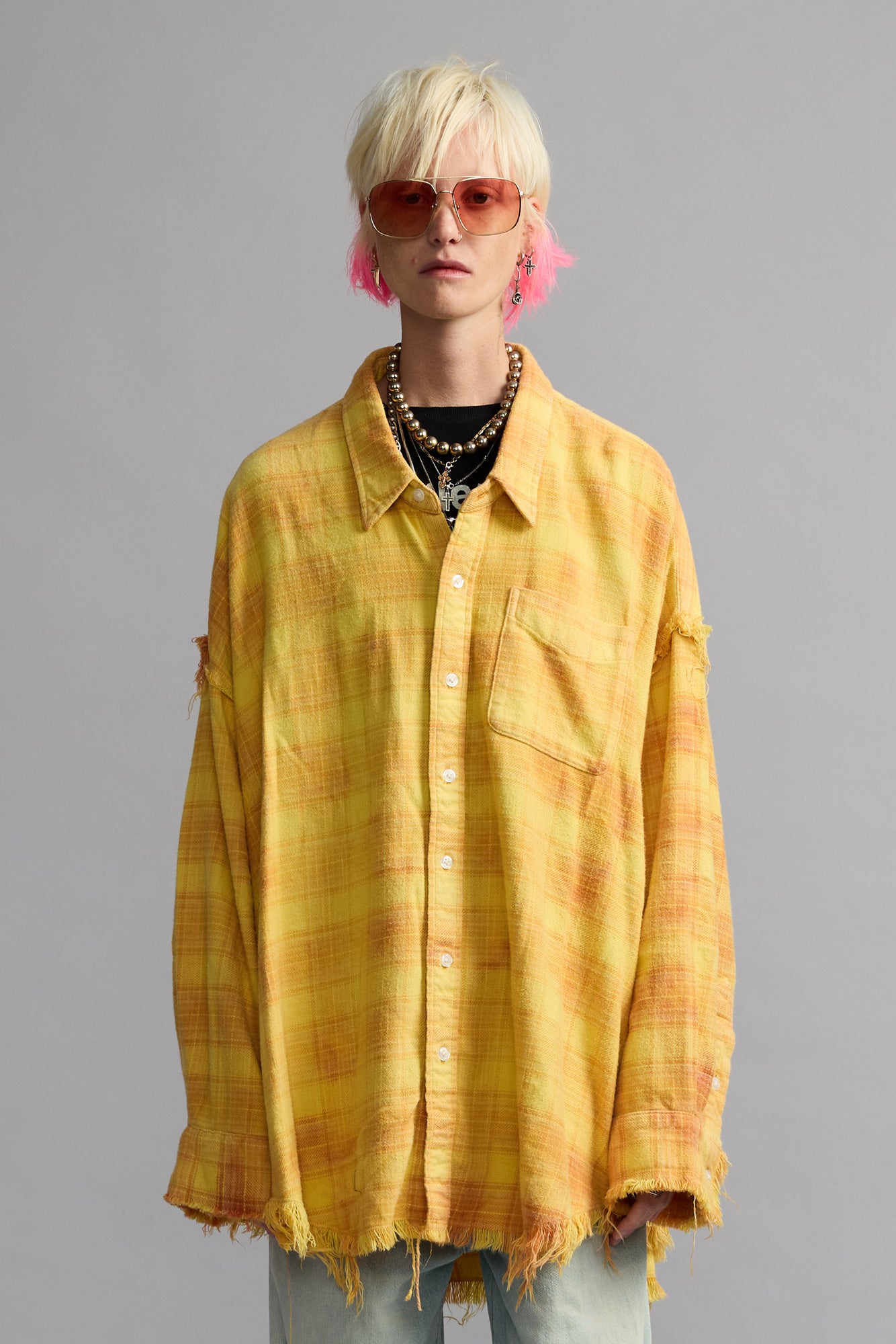 R13 アールサーティーンSHREDDED SEAM DROP NECK SHREDDED SEAM DROP NECK SHIRT - YELLOW PLAID - R13
