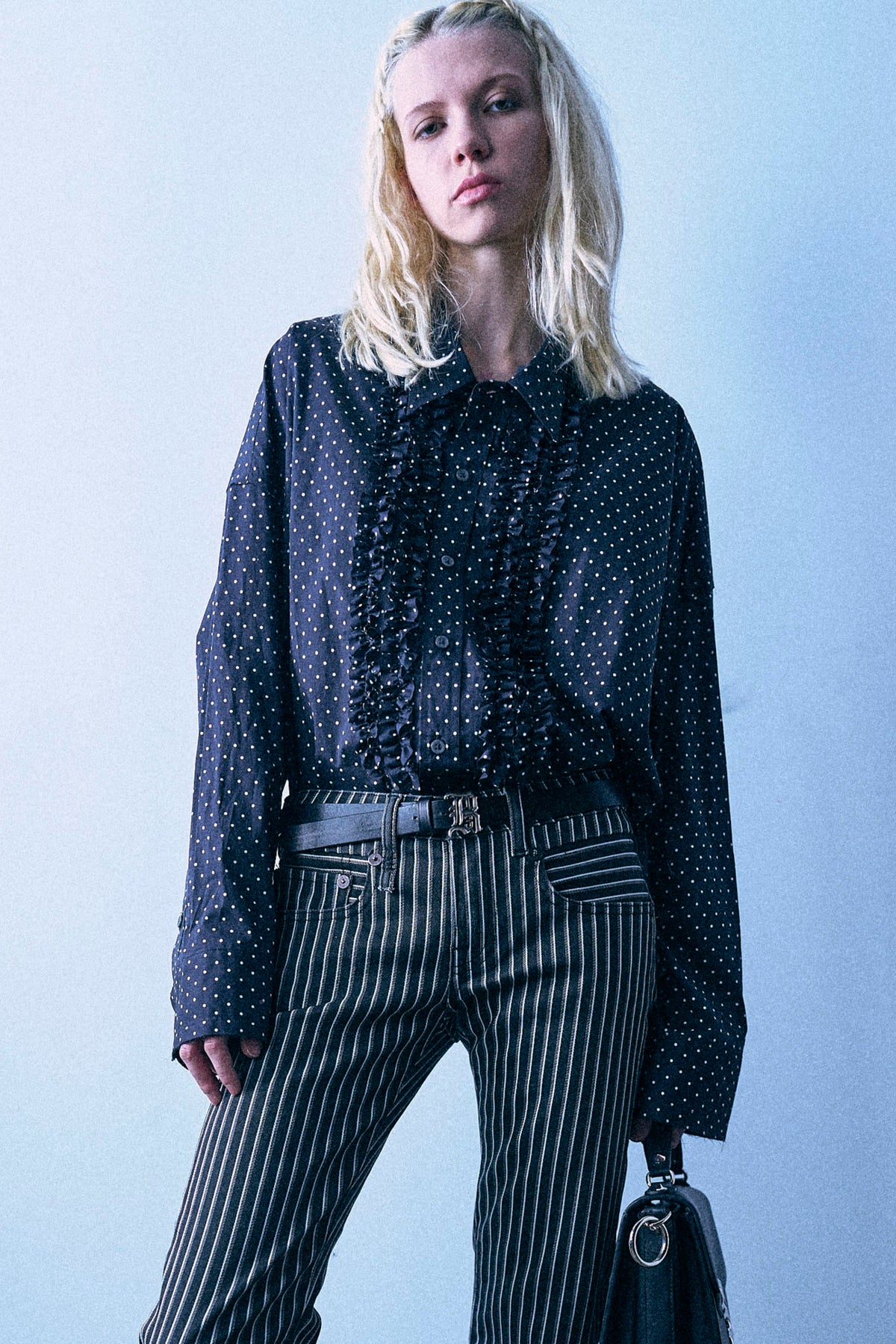 Shredded Seam Ruffle Shirt - Black And White Polka Dot - R13