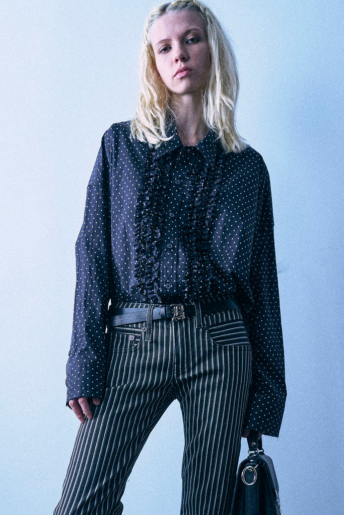 Shredded Seam Ruffle Shirt - Black And White Polka Dot