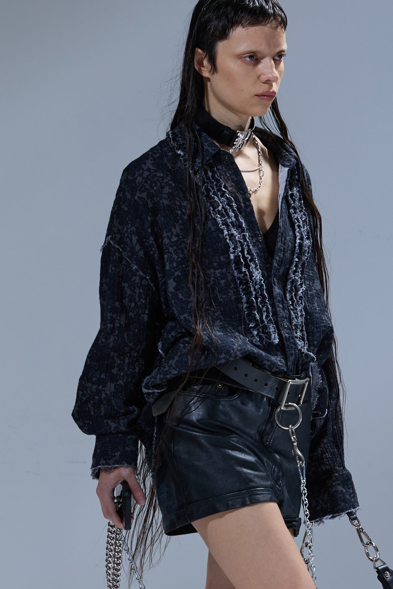 SHREDDED SEAM RUFFLE SHIRT - BLACK LACE - R13