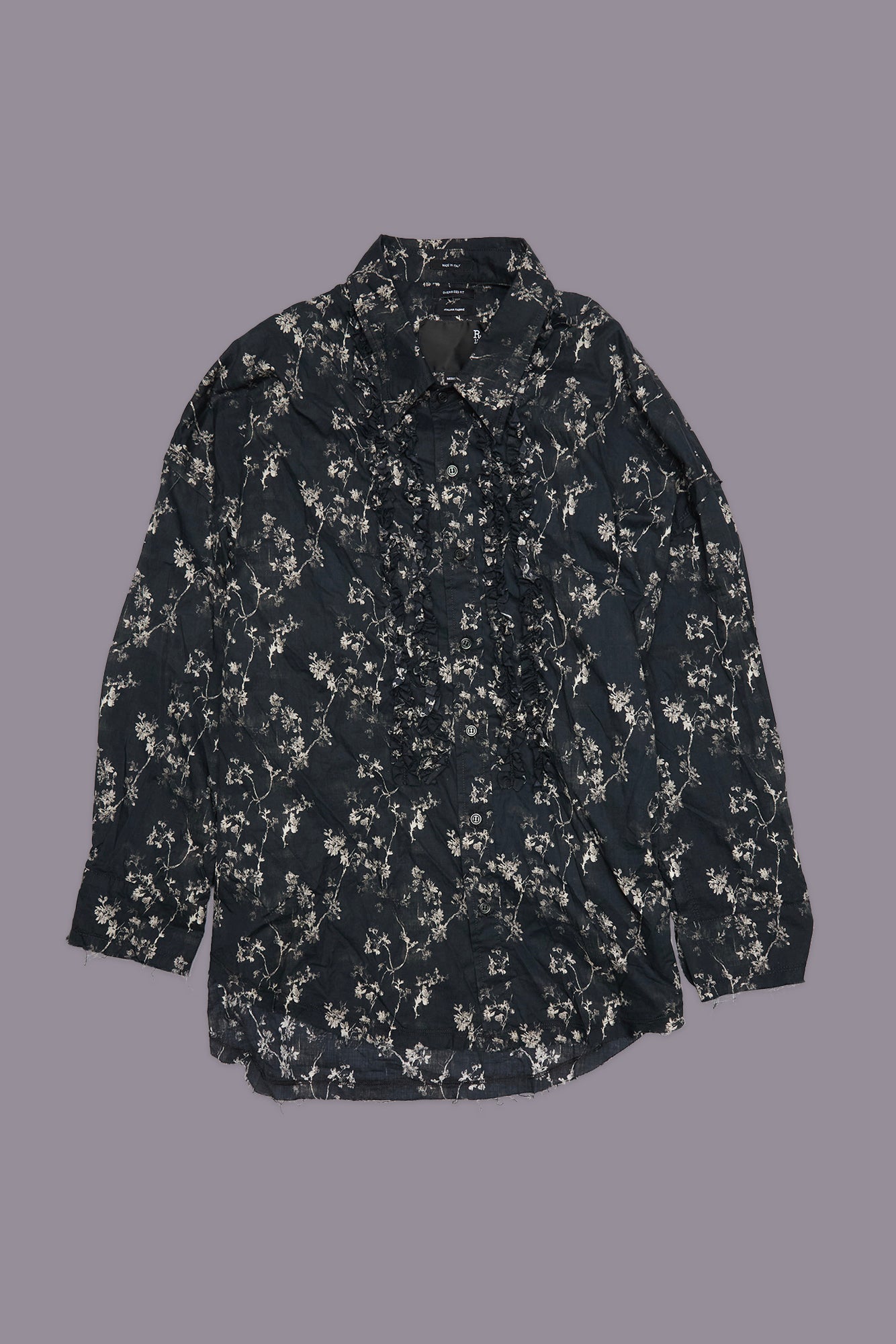 SHREDDED SEAM RUFFLE SHIRT - FLORAL ON BLACK - R13