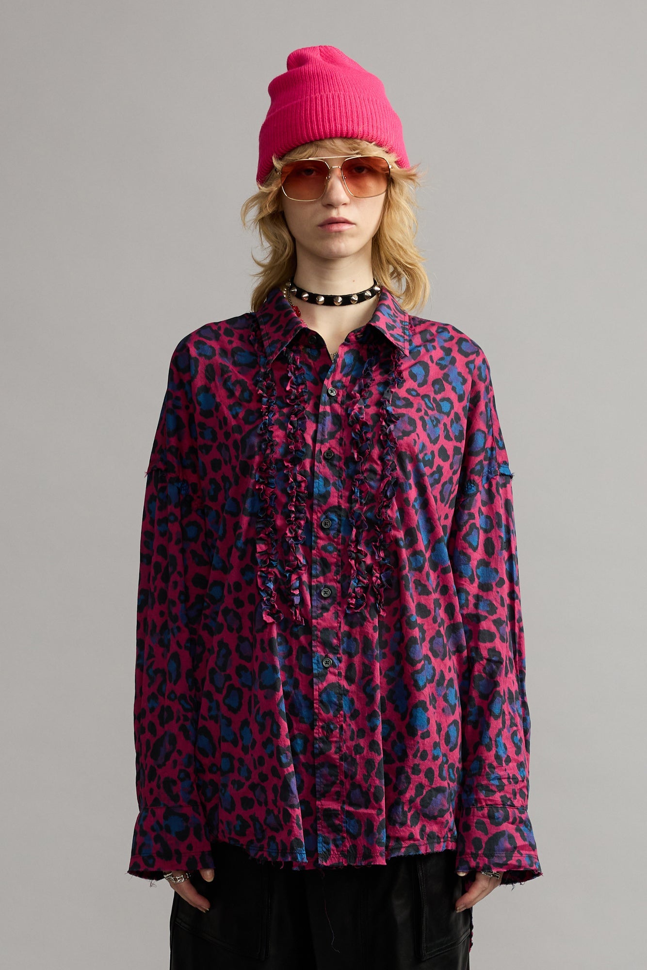 Shredded Seam Ruffle Shirt - Pink Leopard Multiprint - R13